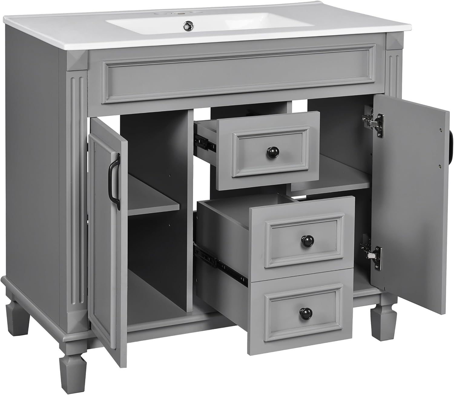 Linique 36' Bathroom Vanity with Top Sink,Bathroom Storage Cabinet with 2 Soft Closing Doors and 3 Storage Drawers,Modern Single Sink Bathroom Vanity(Gray)