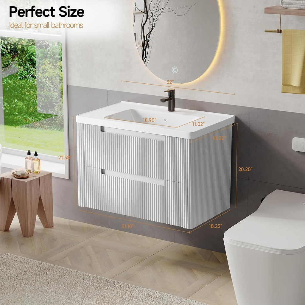 ONBRILL Modern Bathroom Vanity with Sink Combo, Curved Floating Bath Vanity with 2 Drawers, Wall Mount Bathroom Vanities with Integrated Ceramic Sink for Small Space, Apartment (White, 32')