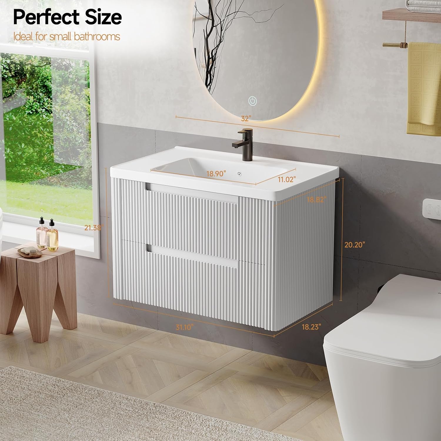 ONBRILL Modern Bathroom Vanity with Sink Combo, Curved Floating Bath Vanity with 2 Drawers, Wall Mount Bathroom Vanities with Integrated Ceramic Sink for Small Space, Apartment (White, 32')