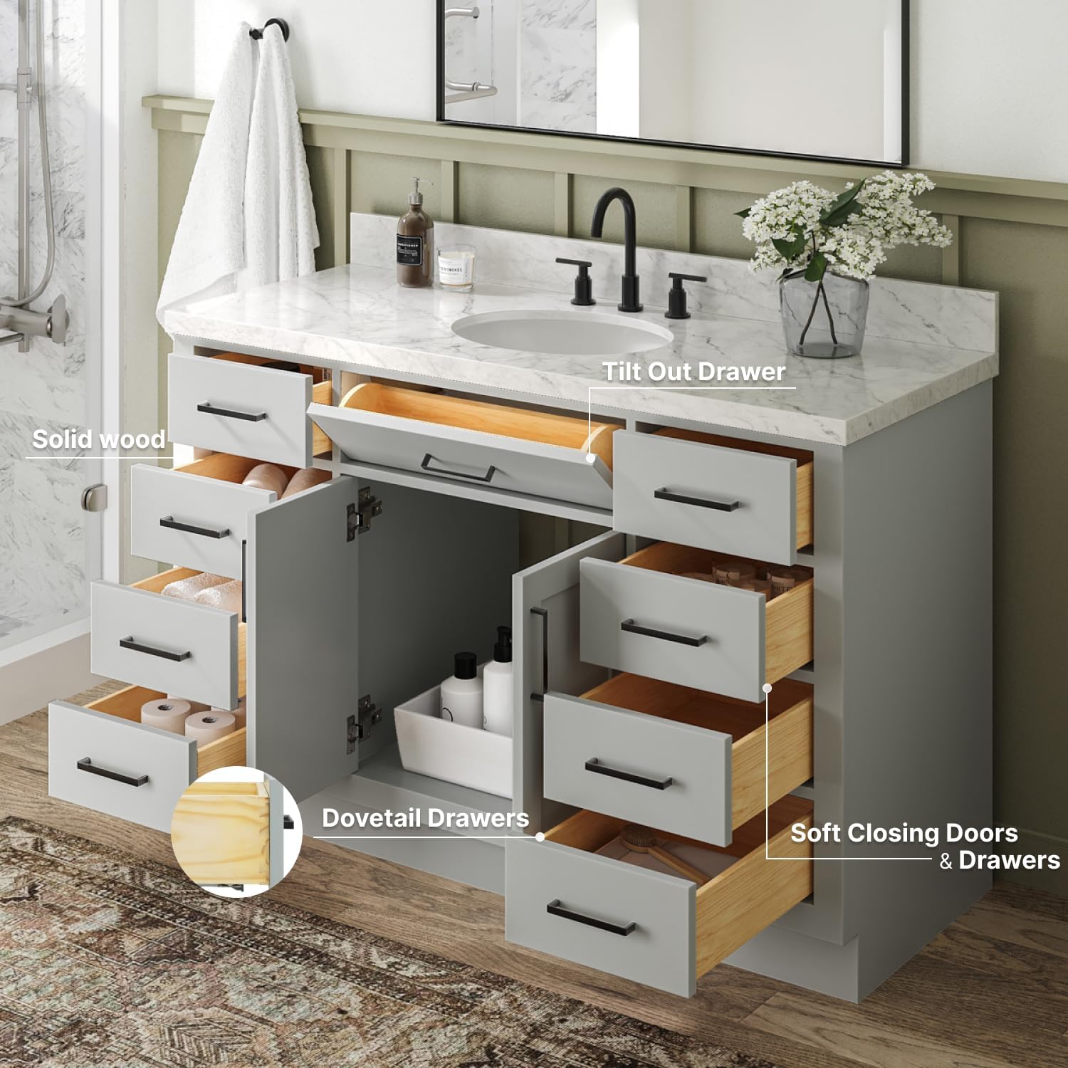 ARIEL Hepburn 54-inch Bathroom Vanity with Sink,Solid Wood, 1.5-inch Italian Carrara Marble Countertop & Backsplash, Single Oval Porcelain Sink, 2 Soft Closing Doors, 9 Dovetail Drawers, Grey