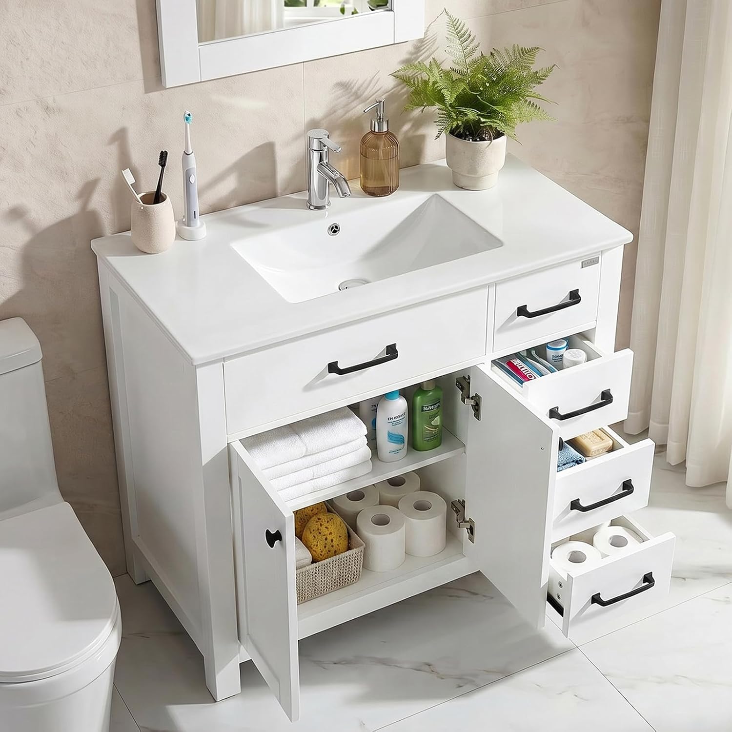 36 inch Bathroom Vanity with Sink and Countertop Faucet Modern White | Freestanding bathroom vanity cabinet, ceramic single sink combo