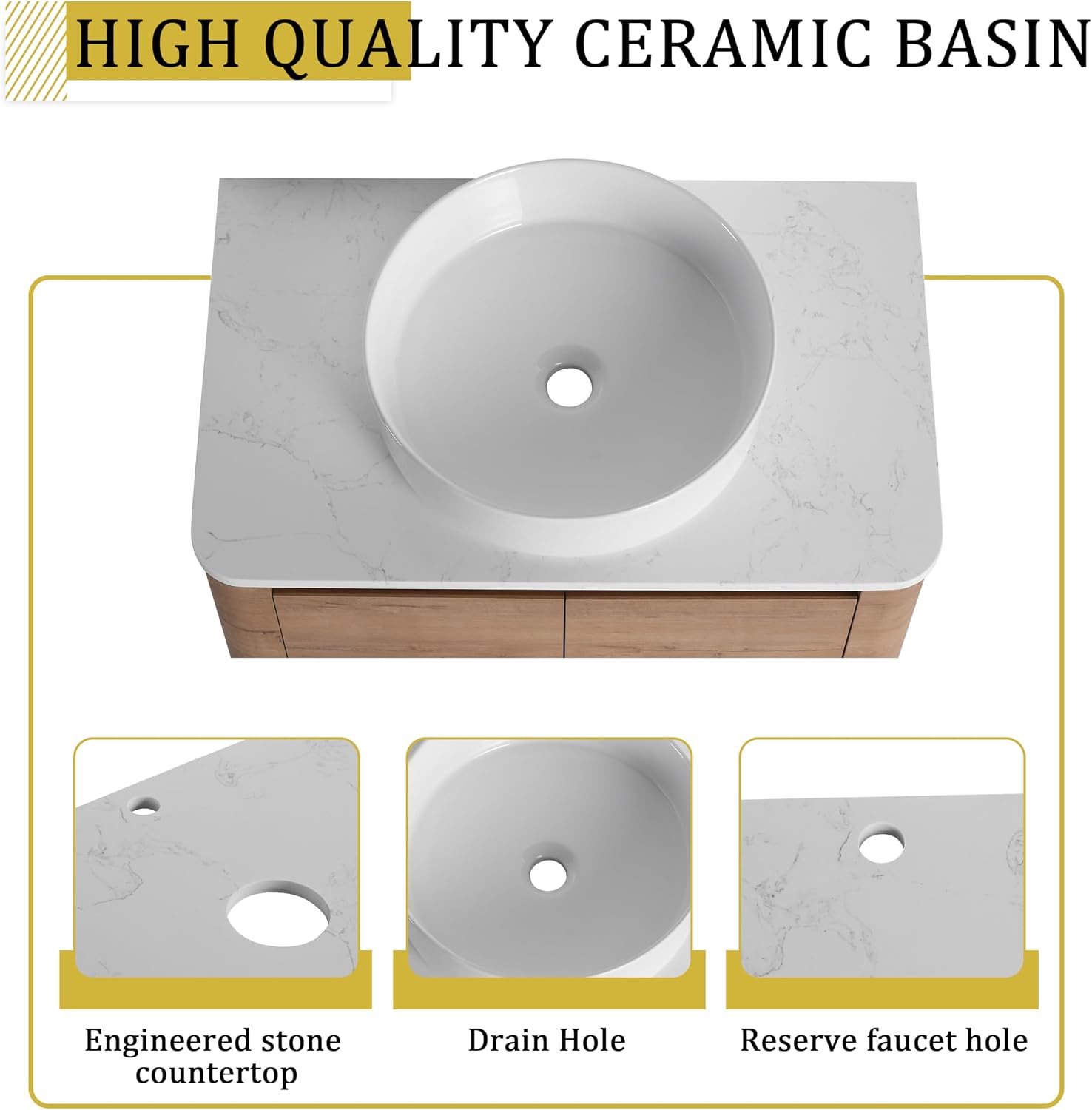 54 Inch Wall-Mounted Bathroom Vanity with Sink Combo Modern Floating Bathroom Vanitites with Round Ceramic Vessel Sink 54' Bathroom Sink Cabinet with Marble Counter Top & 2 Side Storage Shelves