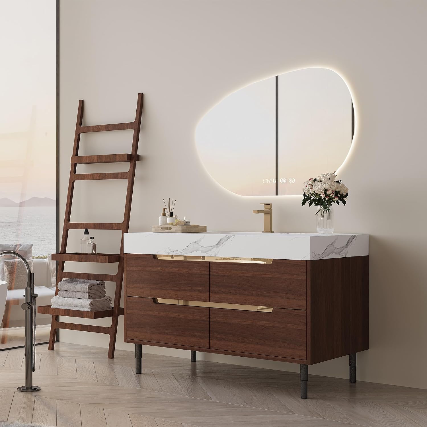 36' Bathroom Vanity with Undermount Sink Set, Modern 2-IN-1 Wall Mounted & Freestanding Bathroom Vanities Cabinet with Sintered Stone top&4 Storage Drawers, Walnut Single Bathroom Sink Cabinet