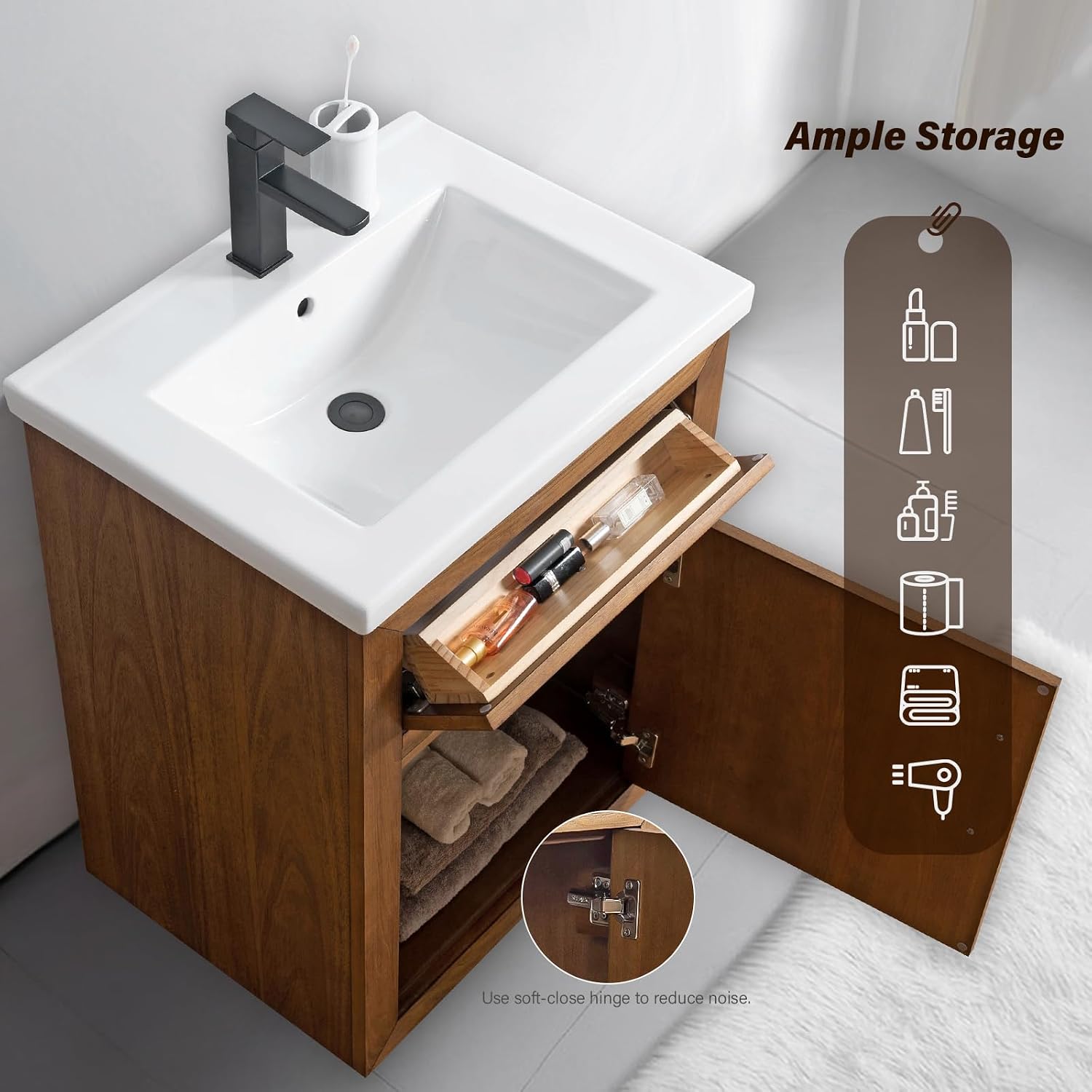 HOMEBEYOND 24' Bathroom Vanity with Single Sink & Ceramic Top, MDF Material Vanity Cabinet with Basin Combo, Soft-Closing Doors, Removable Shelf, Backsplash,Tan