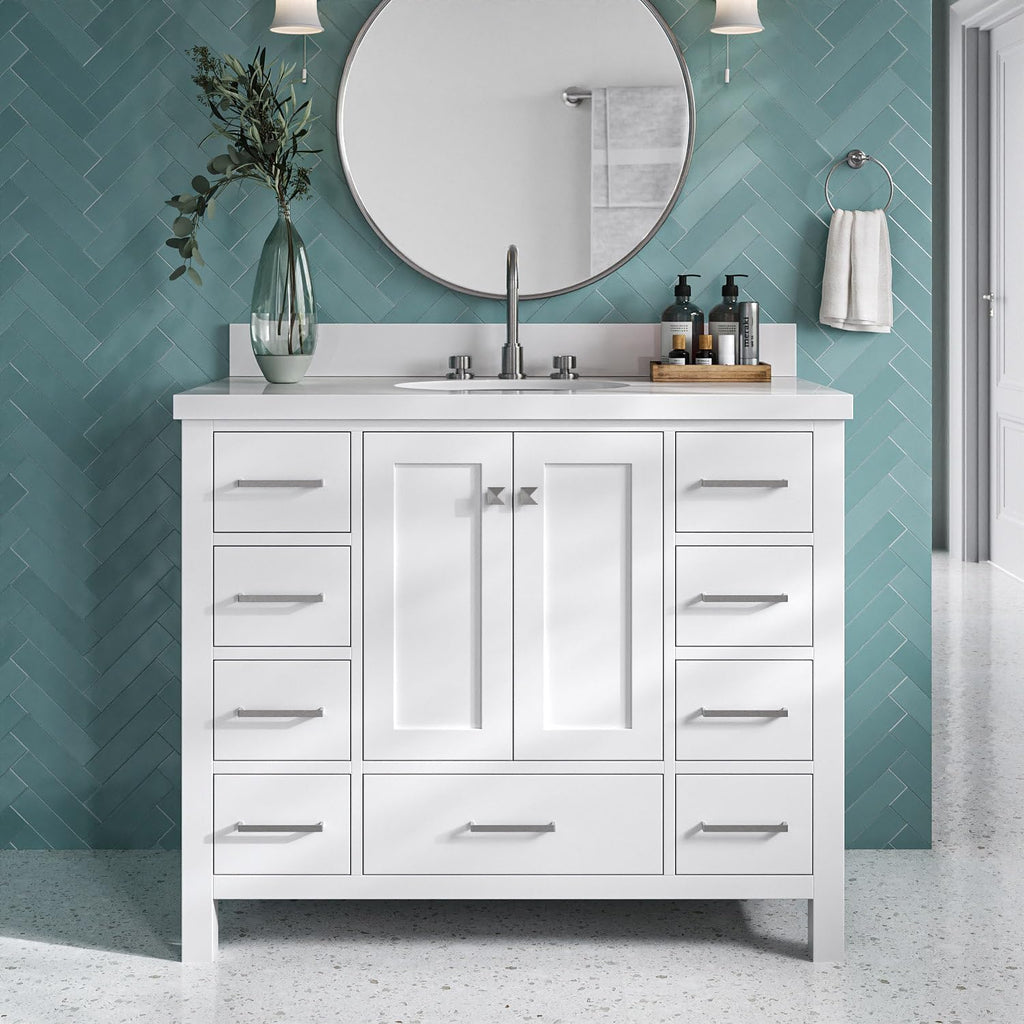 DKB Beckford 42-Inch White Bathroom Vanity with Sink, 1.5' Quartz Countertop & Backsplash, Undermount Oval Sink, 2 Soft Closing Doors & 9 Drawers, Satin Brass Hardware, Solid Wood Construction