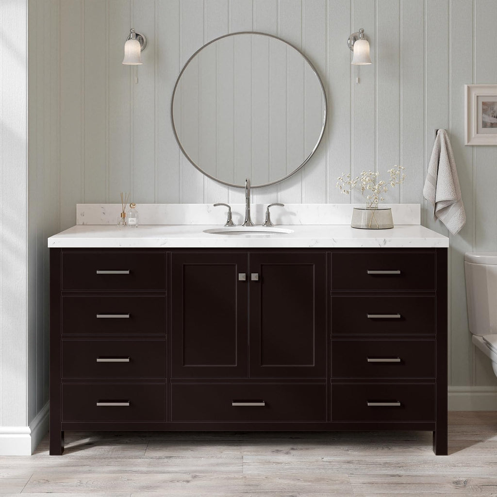 ARIEL Cambridge 66-inch Bathroom Vanity with Sink,Solid Wood, 1.5-inch Carrara White Quartz Countertop & Backsplash, Single Oval Porcelain Sink, 2 Soft Closing Doors, 9 Dovetail Drawers, Espresso