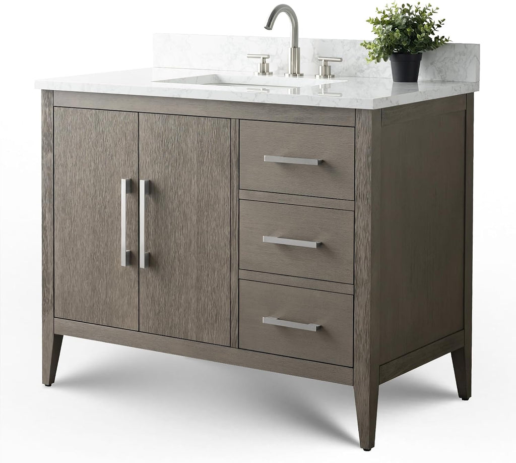Vanity Art 42 inch Bathroom Vanity with Single Sink & Ceramic Top, Vanity Cabinet with Soft-Closing Doors, Drawers, Solid Wood Frame, Driftwood Gray, Brushed Nickle Handware