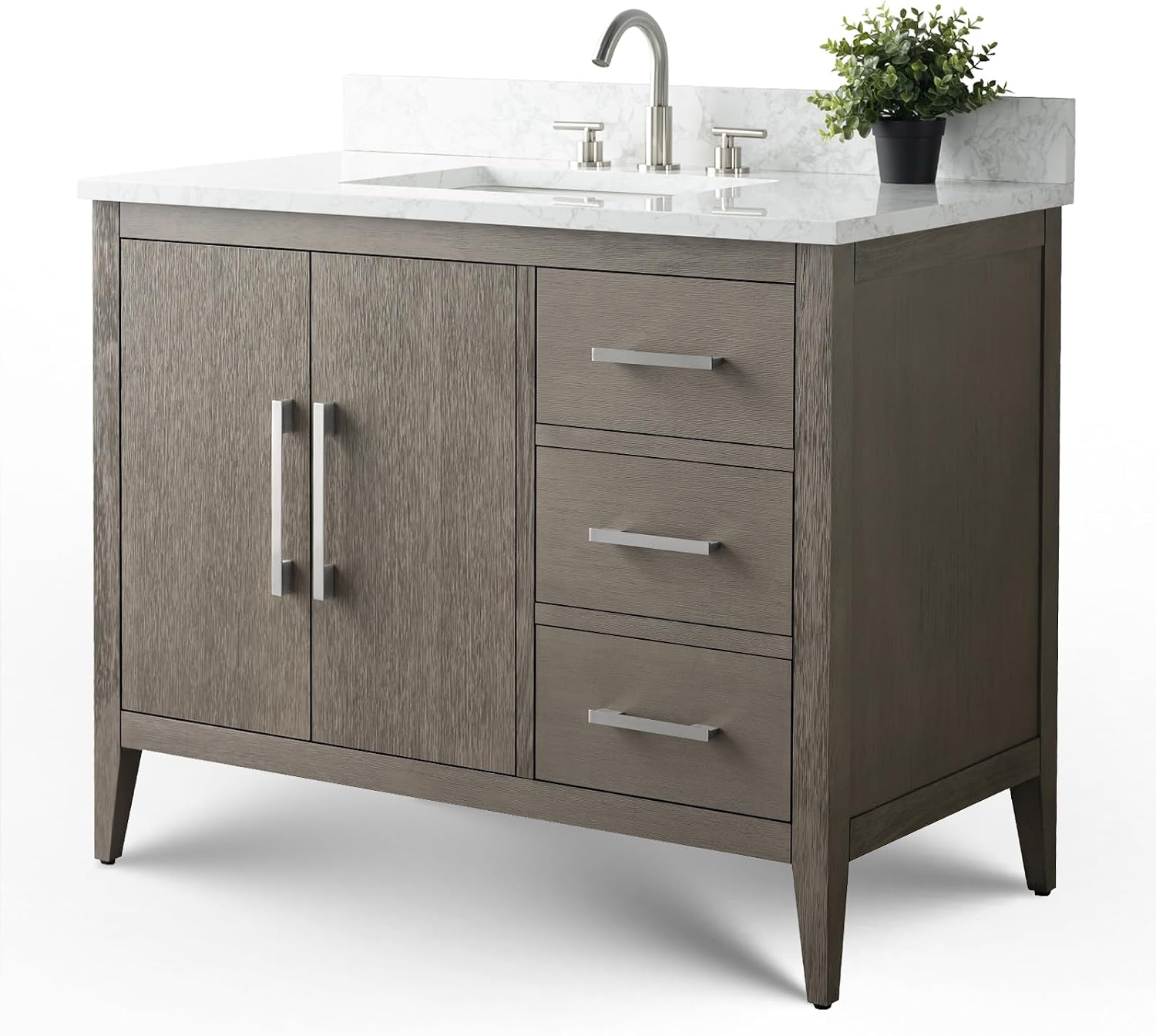 Vanity Art 42 inch Bathroom Vanity with Single Sink & Ceramic Top, Vanity Cabinet with Soft-Closing Doors, Drawers, Solid Wood Frame, Driftwood Gray, Brushed Nickle Handware