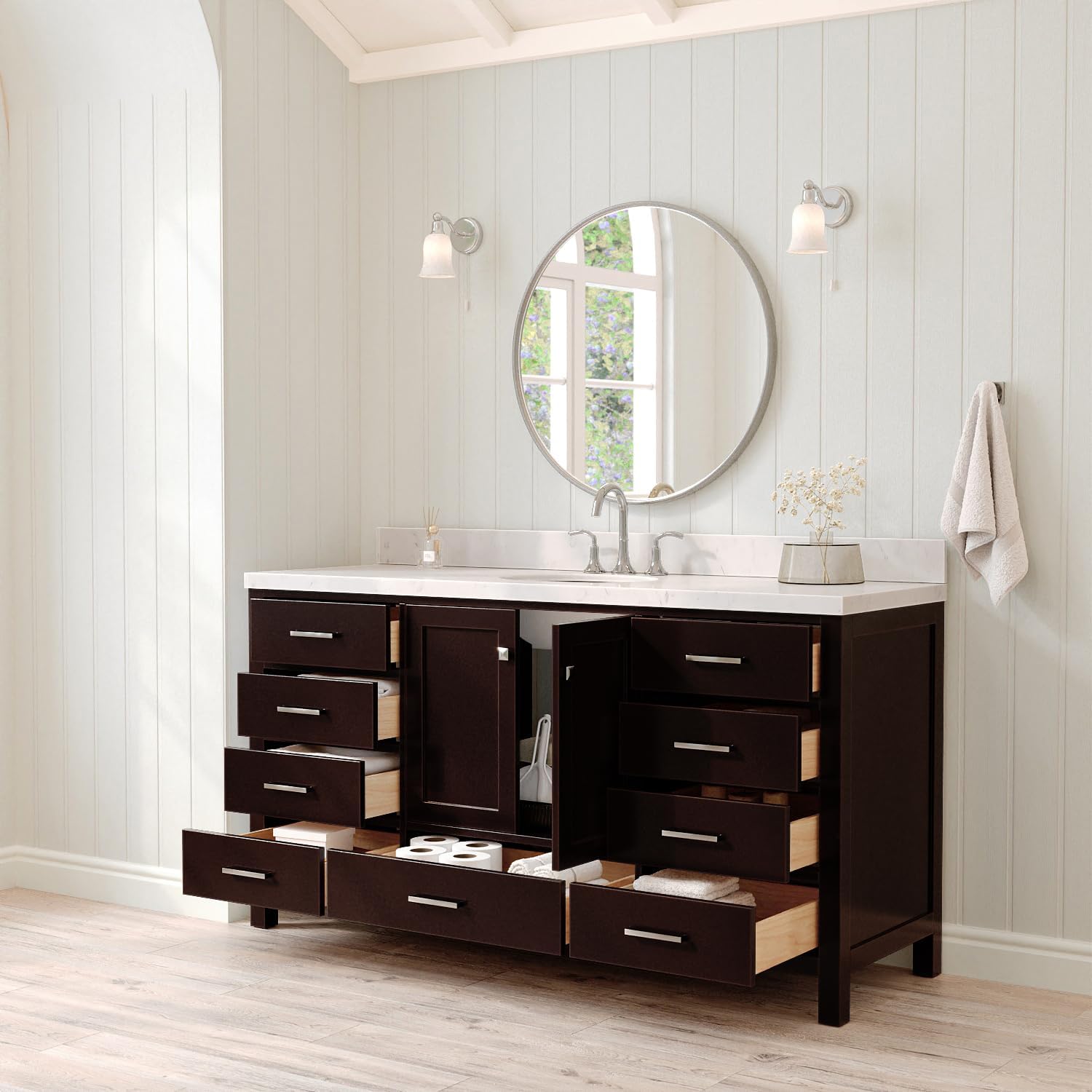 ARIEL Cambridge 66-inch Bathroom Vanity with Sink,Solid Wood, 1.5-inch Carrara White Quartz Countertop & Backsplash, Single Oval Porcelain Sink, 2 Soft Closing Doors, 9 Dovetail Drawers, Espresso