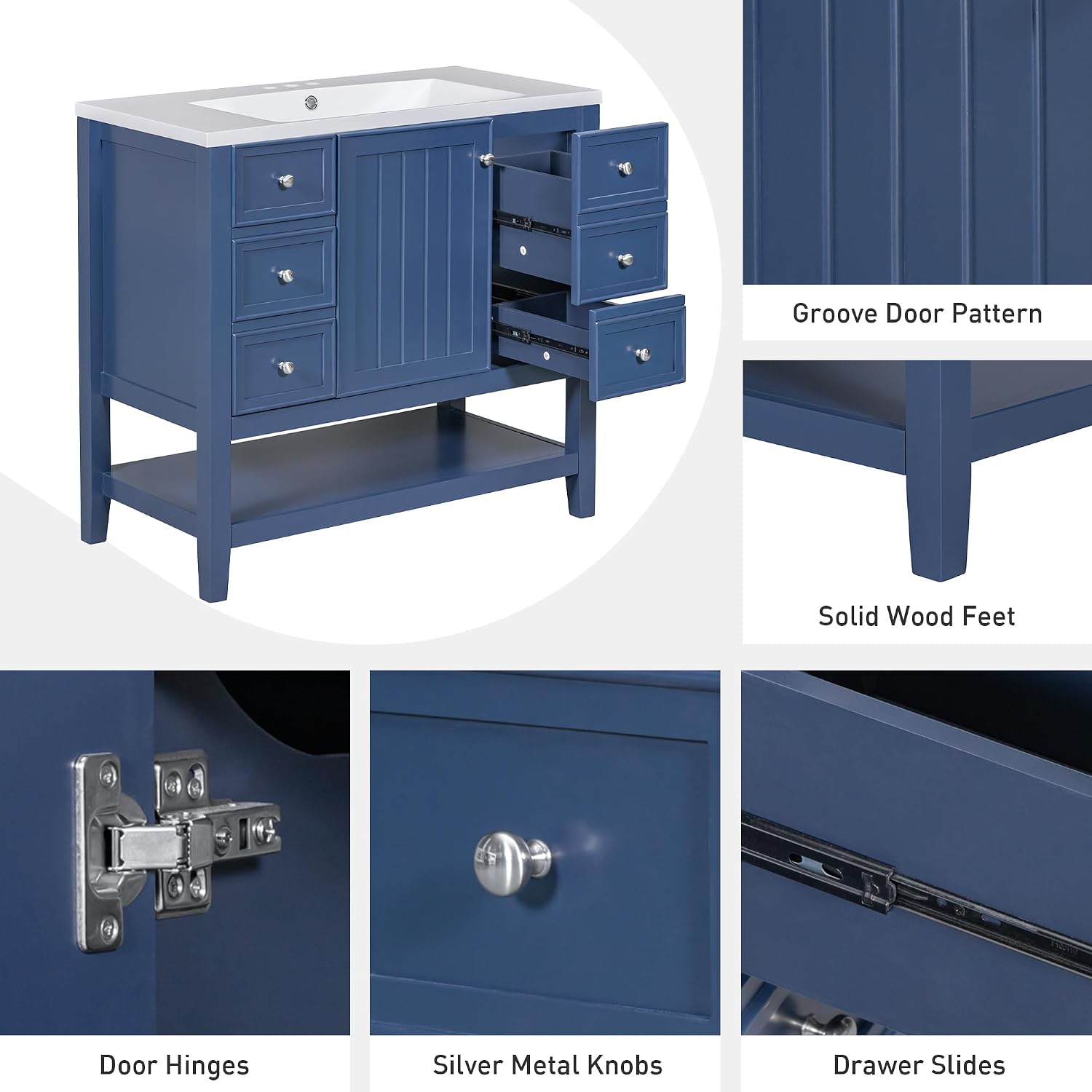 LUMISOL 36' Bathroom Vanity with Sink Combo, Bathroom Vanity Storage Cabinet with 3 Drawers & Open Shelf, Solid Wood Frame Bathroom Cabinet with Ceramic Sink, Navy Blue