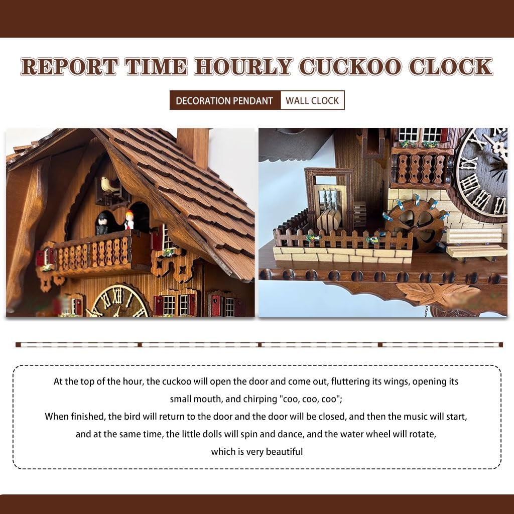 Cuckoo Clocks Exquisite Hand-Carved Cuckoo Clock, Living Room Wall Clock with Pendulum, Quartz Movement Wooden Wall Clock, Roman Dial/Arabic Dial (Color : Brown, Size : Arabic Dial)