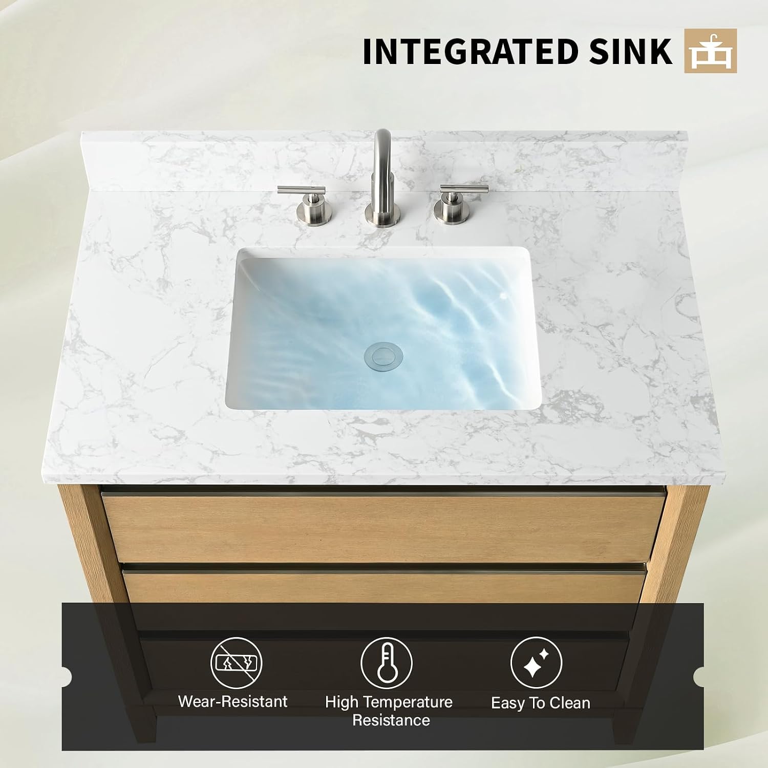 Vanity Art 36 inch Bathroom Vanity with Sink & Ceramic Top, Vanity Cabinet with 2 Drawers & 1 Multifunctional Drawer, Natural Oak, VA8036-NO1