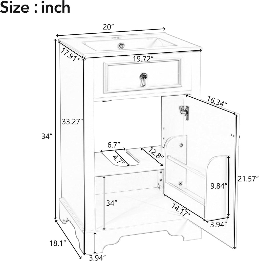 20-inch Bathroom Vanity with Sink, Free Standing Vanity Cabinet with One Door, Storage Rack, and Adjustable Shel, Solid Wood Vanity Set with Ceramic Sink for Bathroom (Black)