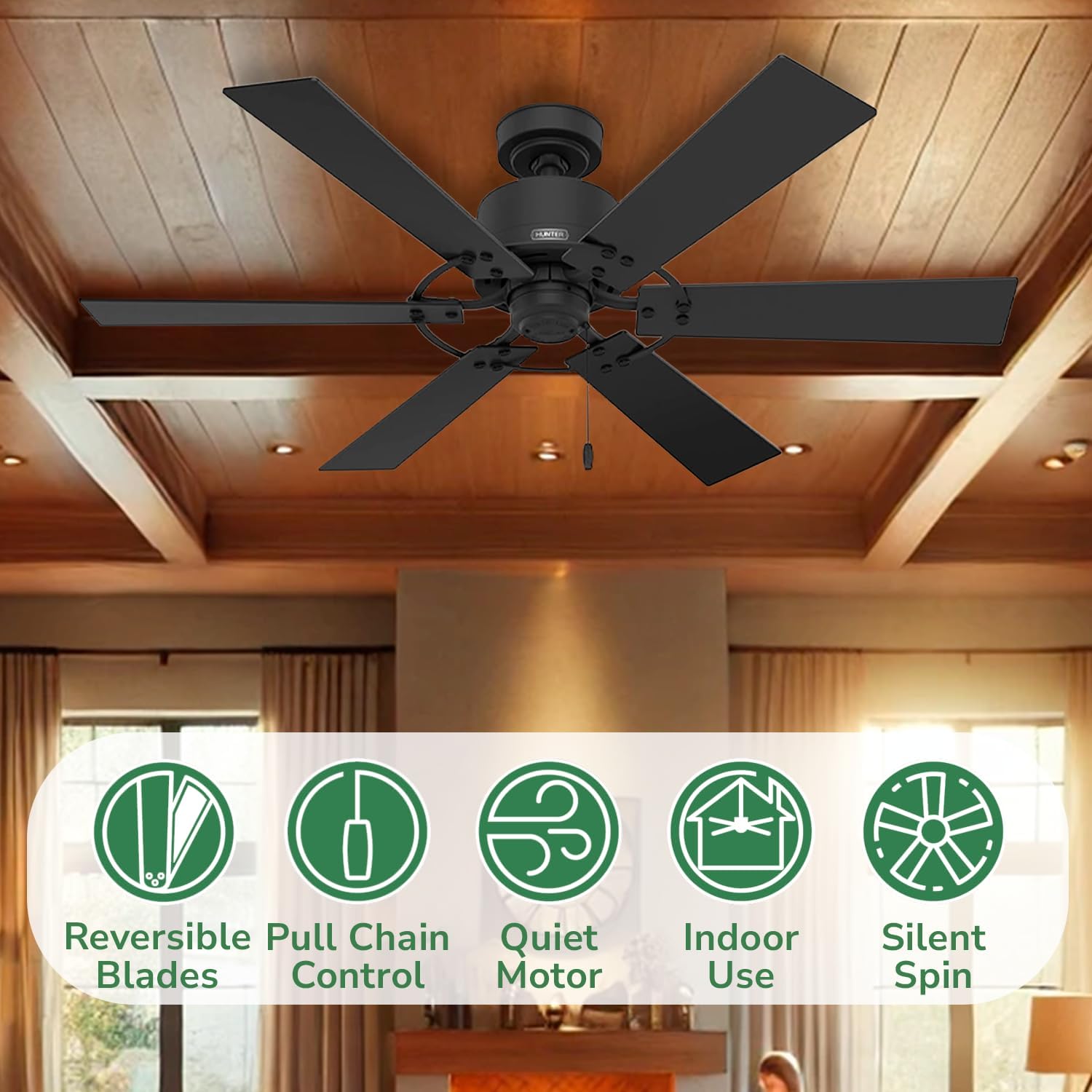 Hunter 52 inch Indoor Ceiling Fan No Light - Black Ceiling Fan without Light, 6 Blades, Standard Mount, For Bedroom, Living Room, or Kitchen, Pull Chain - Gilrock 51817, Matte Black