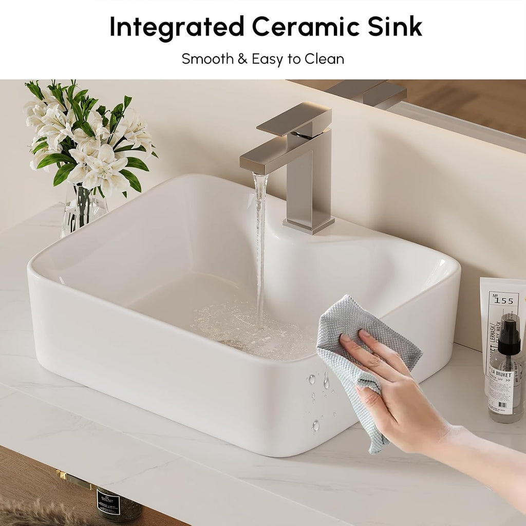 homary 35' Floating Bathroom Vanity with Sink, Wall Mounted Bathroom Vanity with Sintered Stone Countertop, Ceramic Vessel Sink, 1 Drawer Storage, Modern Bathroom Cabinet for Small Bathroom, Natural