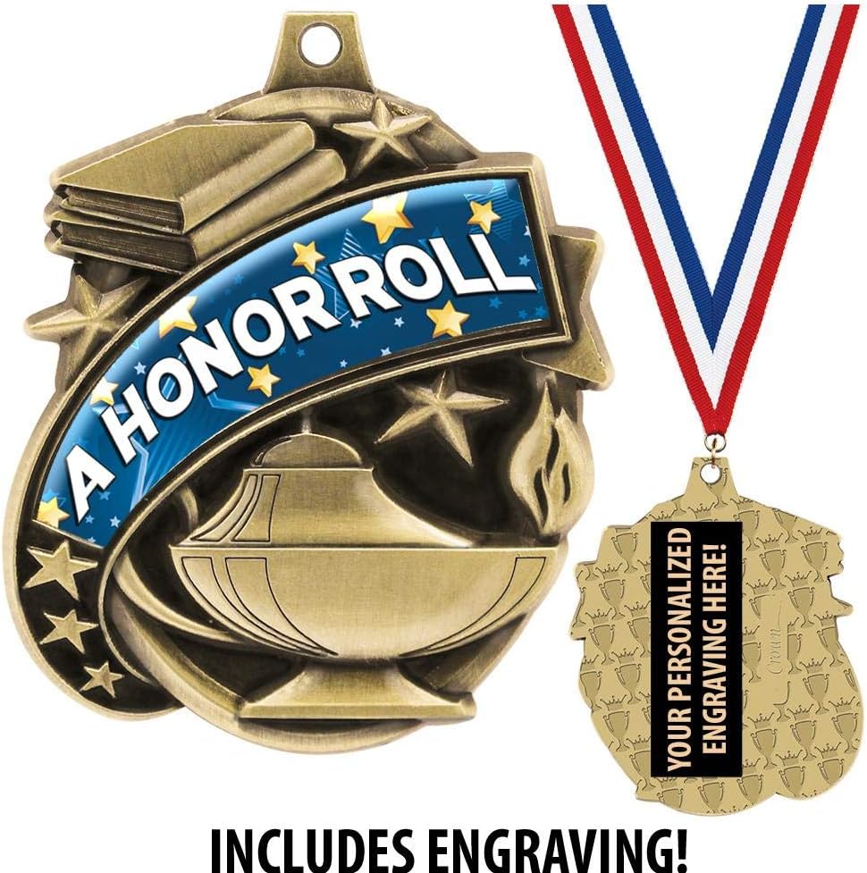A Honor Roll Medals - 1 1/2' Gold A Honor Roll Medal, Great Academic Awards with Custom Engraving Prime