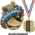 A Honor Roll Medals - 1 1/2' Gold A Honor Roll Medal, Great Academic Awards with Custom Engraving Prime