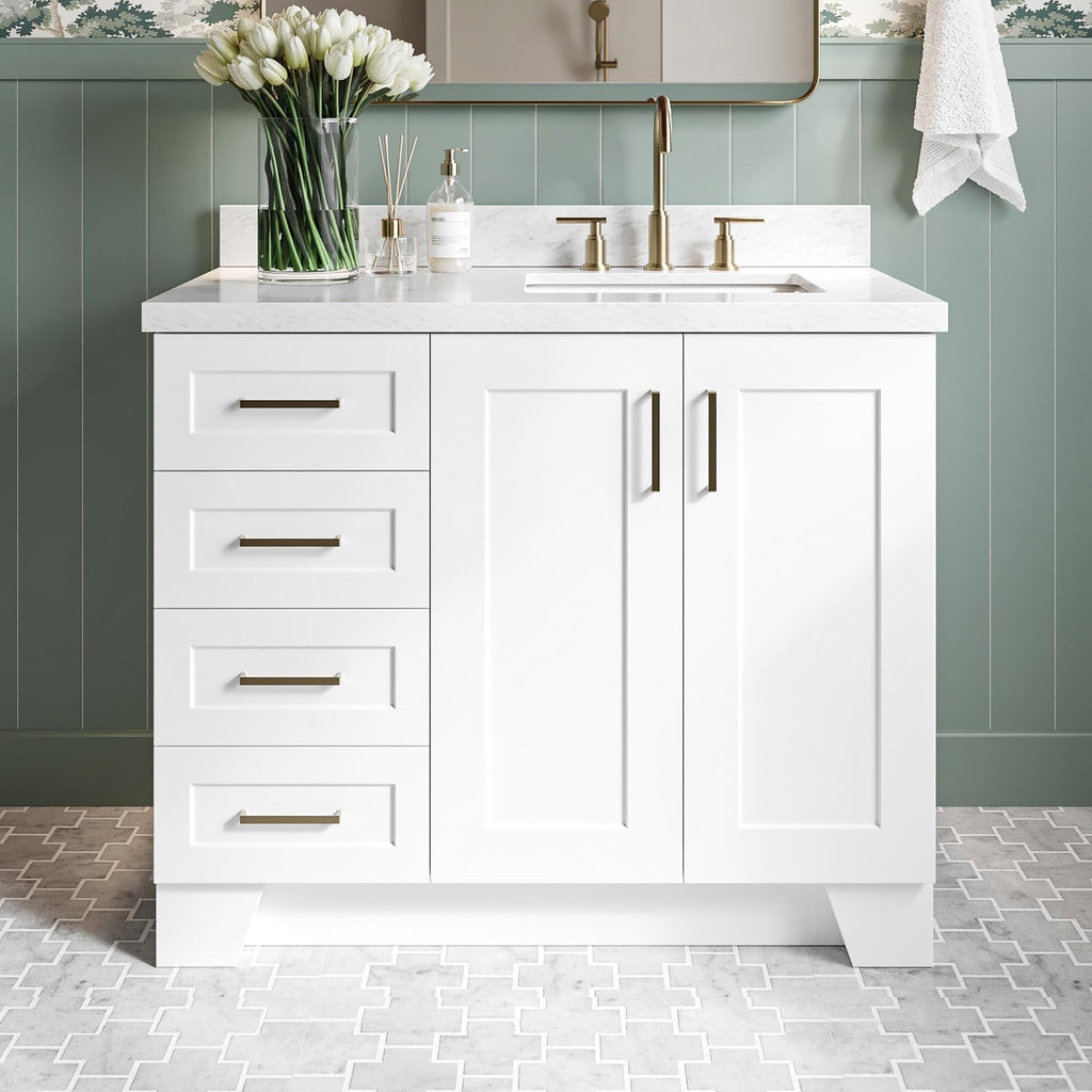 ARIEL Taylor 42-inch Bathroom Vanity with Sink,Solid Wood, 1.5-inch Italian Carrara Marble Countertop, Single Rectangular Porcelain Sink, 2 Soft Closing Doors, 5 Dovetail Drawers, White