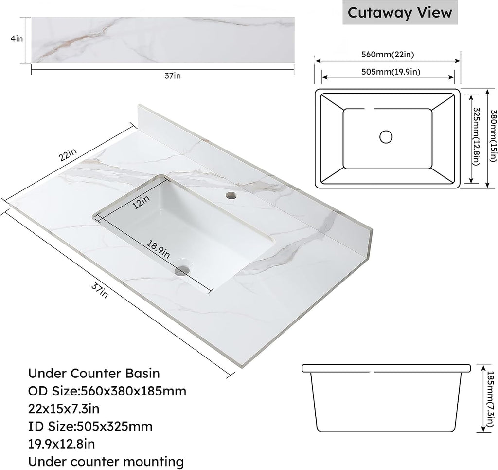 37 x 22 Inch Bathroom Vanity Top, Sintered Stone Top with Ceramic Sink, Single Hole Vanity Top With Undermount Rectangular Sink and 1 Backsplash (Carrara Gold, 1 Hole)