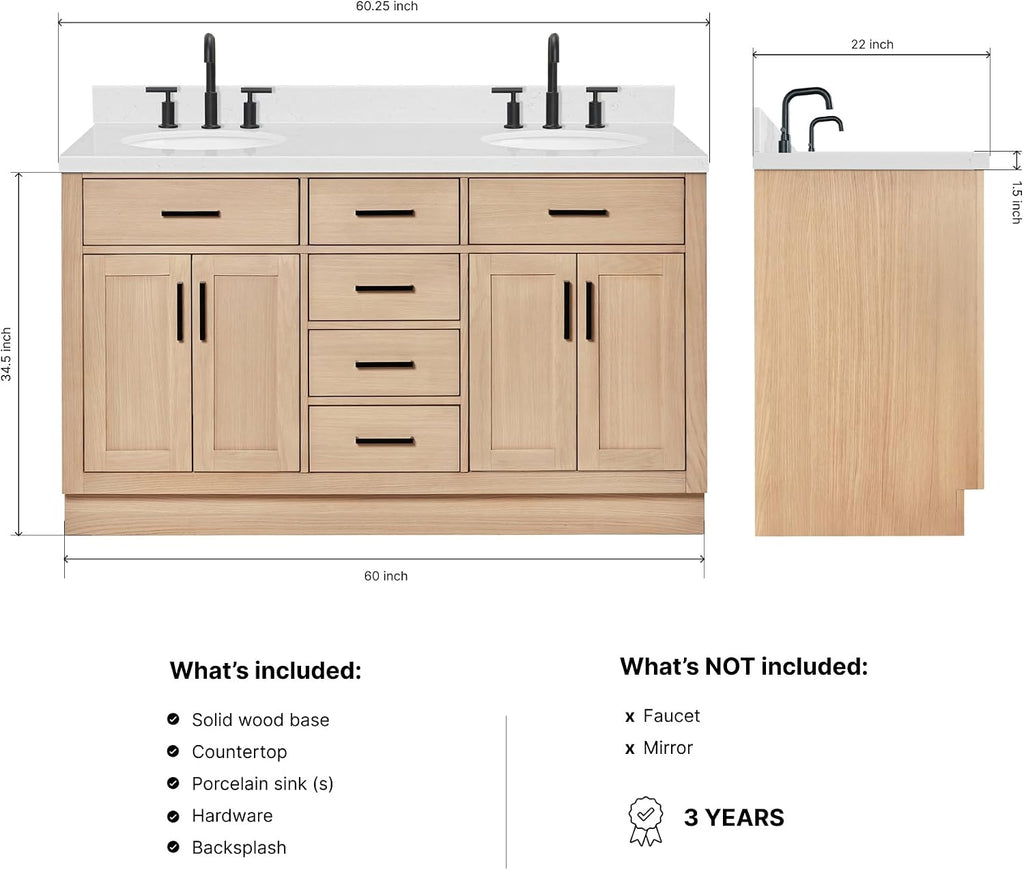 ARIEL Hepburn 60-inch Bathroom Vanity with Sink,Solid Wood, 1.5-inch Carrara White Quartz Countertop & Backsplash, Double Oval Porcelain Sink, 4 Soft Closing Doors, 6 Dovetail Drawers, White Oak