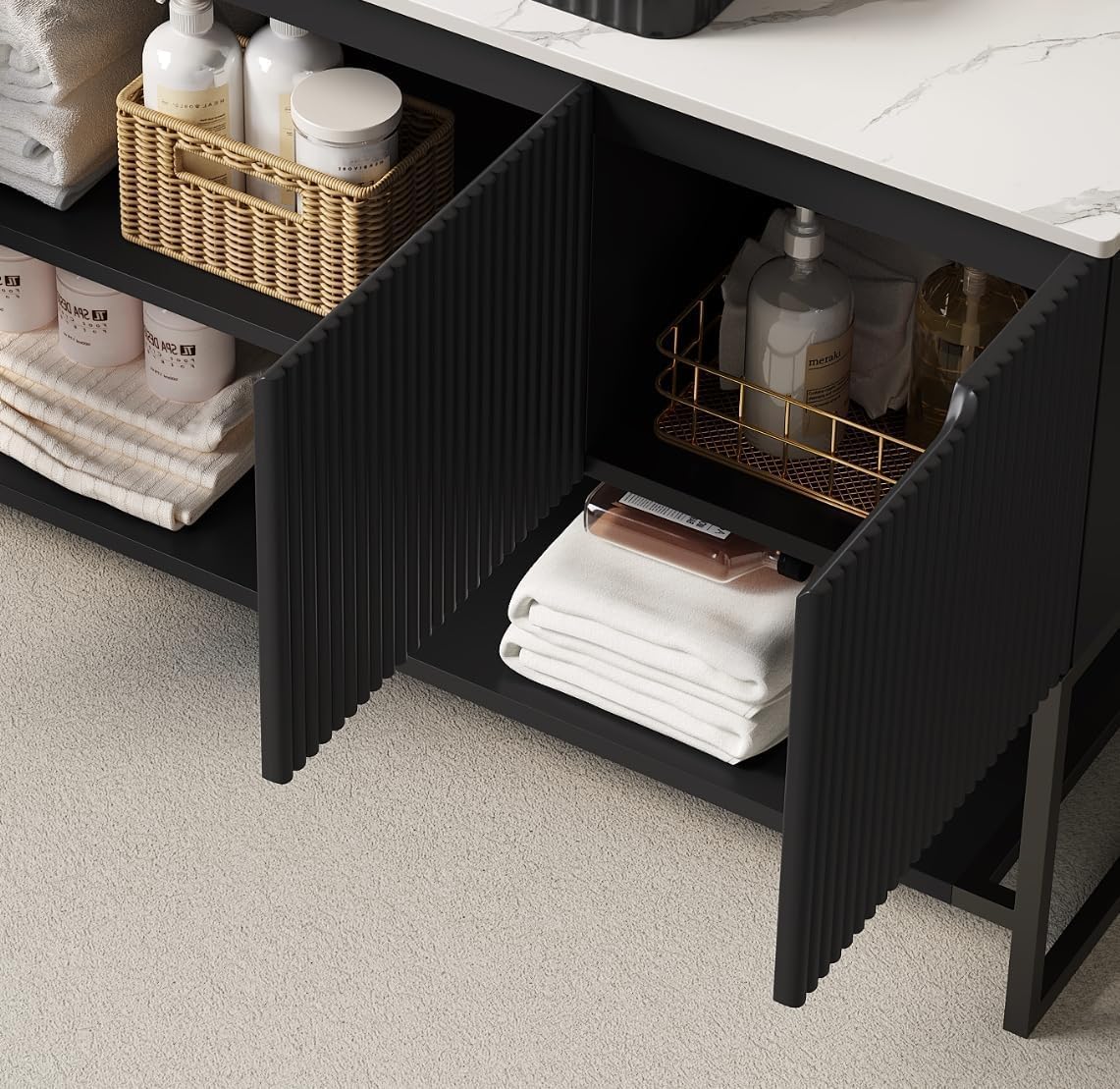 48' Black Bathroom Vanity with Rectangular Ceramic Basin & Marble Top, Freestanding Bathroom Storage Cabinet with 3 Doors and Open Shelf, Modern Single Sink Bathroom Vanities with Soft Close System