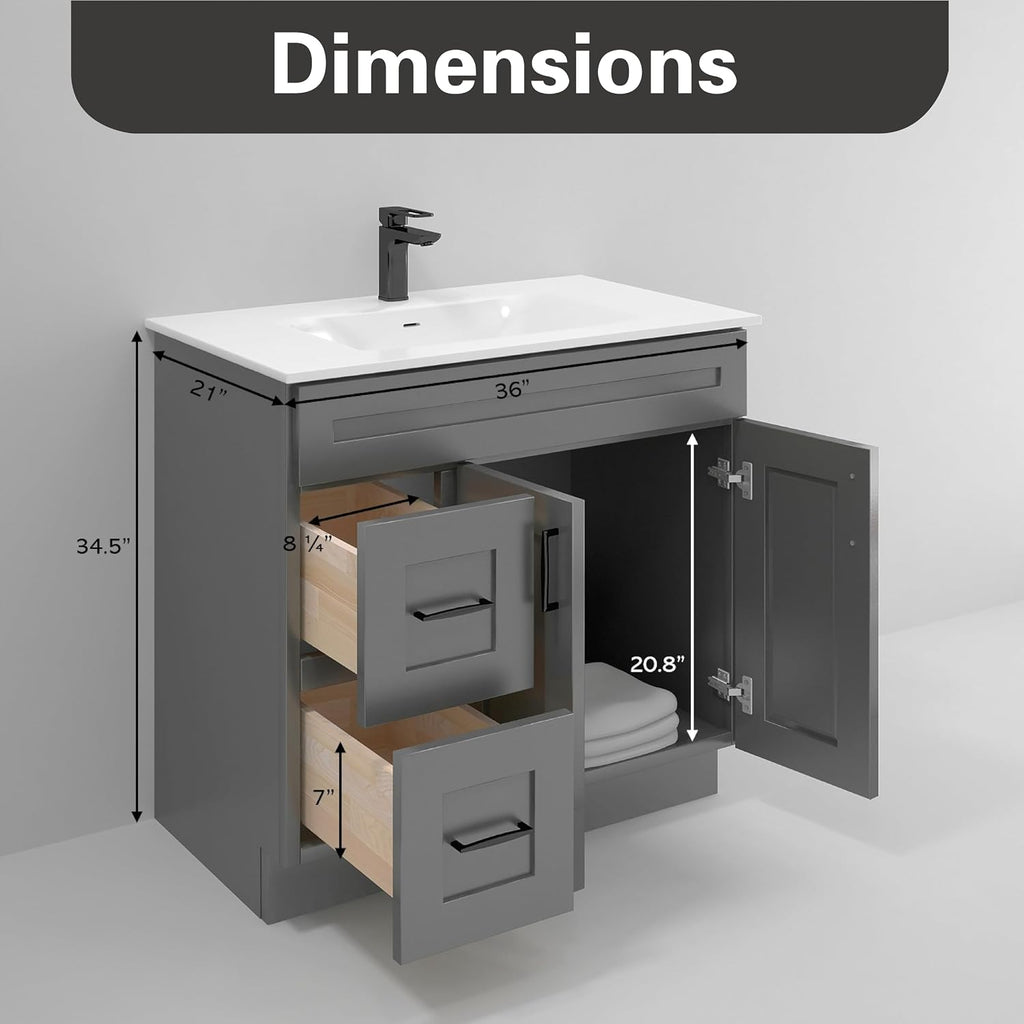 Gray Shaker Bathroom Vanity Sink Base with Drawers 36 in Ready-to-Assemble Cabinet