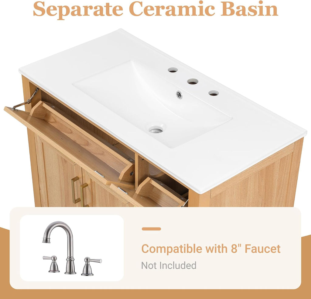 36-inch Bathroom Vanity with Sink Combo, Free-Standing Single Storage Cabinet with 2 Soft-Close Doors & 4 Drawers, Modern Natural Wood Grain Vanity with Ceramic Basin for Bathroom (Wood)