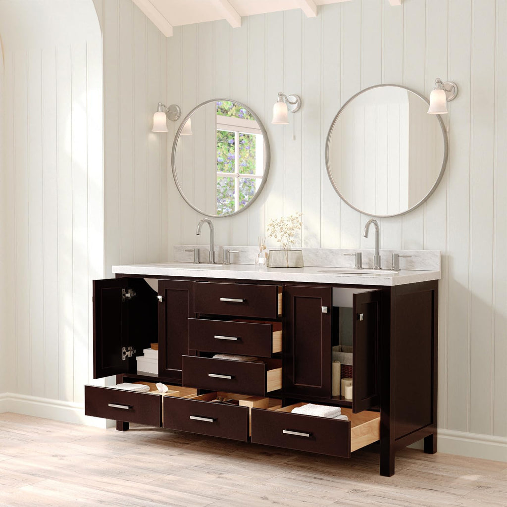 ARIEL Cambridge 66-inch Bathroom Vanity with Sink,Solid Wood, 1.5-inch Italian Carrara Marble Countertop & Backsplash, Double Oval Porcelain Sink, 4 Soft Closing Doors, 6 Dovetail Drawers, Espresso