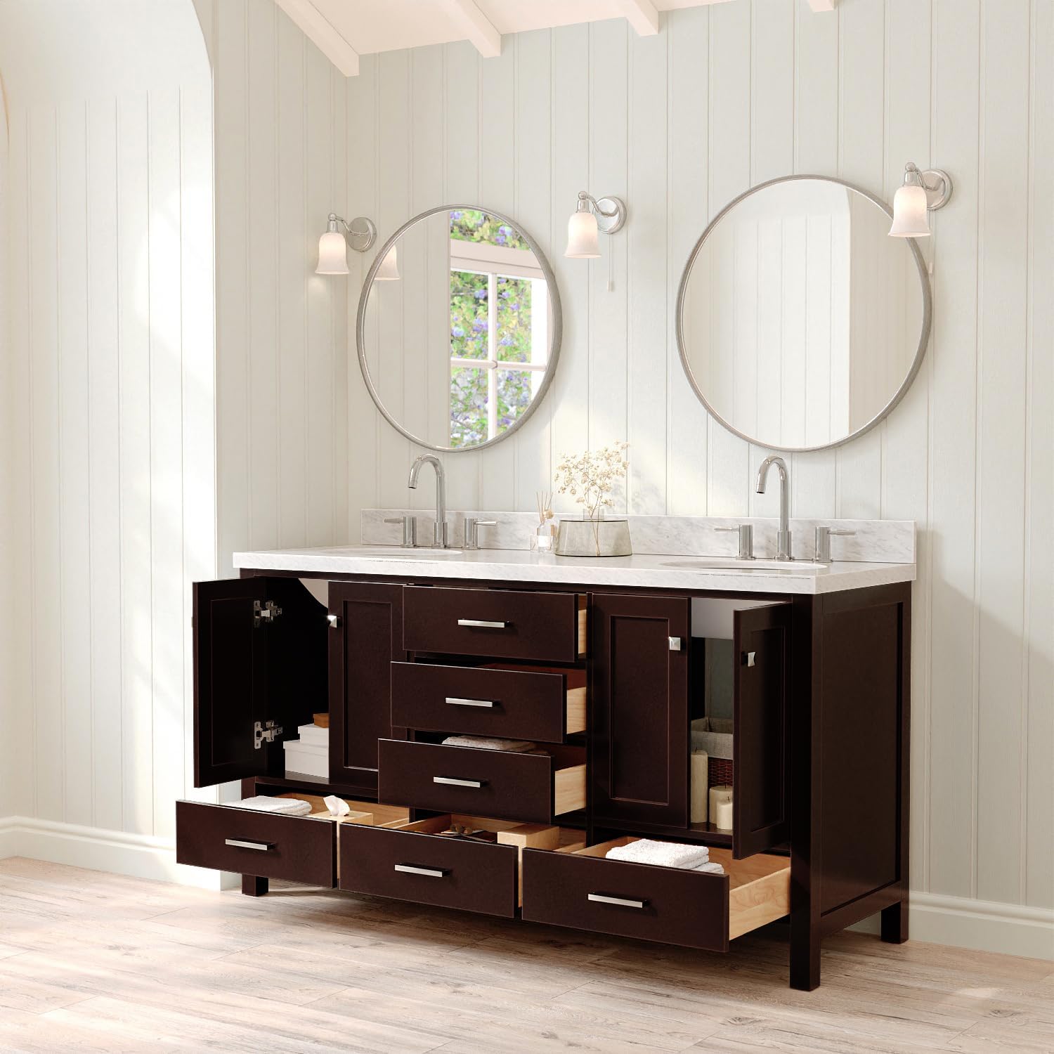 ARIEL Cambridge 66-inch Bathroom Vanity with Sink,Solid Wood, 1.5-inch Italian Carrara Marble Countertop & Backsplash, Double Oval Porcelain Sink, 4 Soft Closing Doors, 6 Dovetail Drawers, Espresso