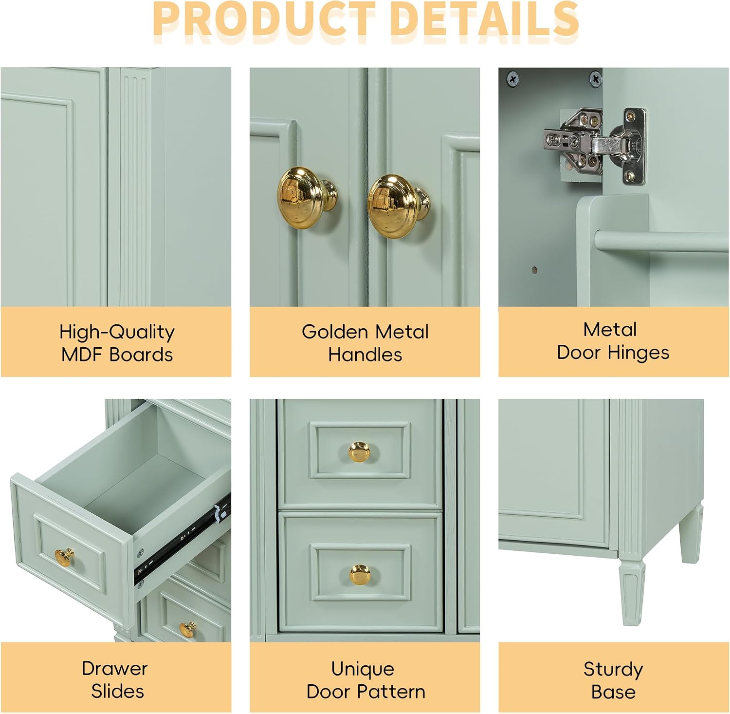 36' Bathroom Vanity Cabinet with Ceramic Countertop Sink Combo Set, Solid Wood Frame, Tilt-Out Drawers and Left Side Drawers, Soft Closing Door Hinges, Green