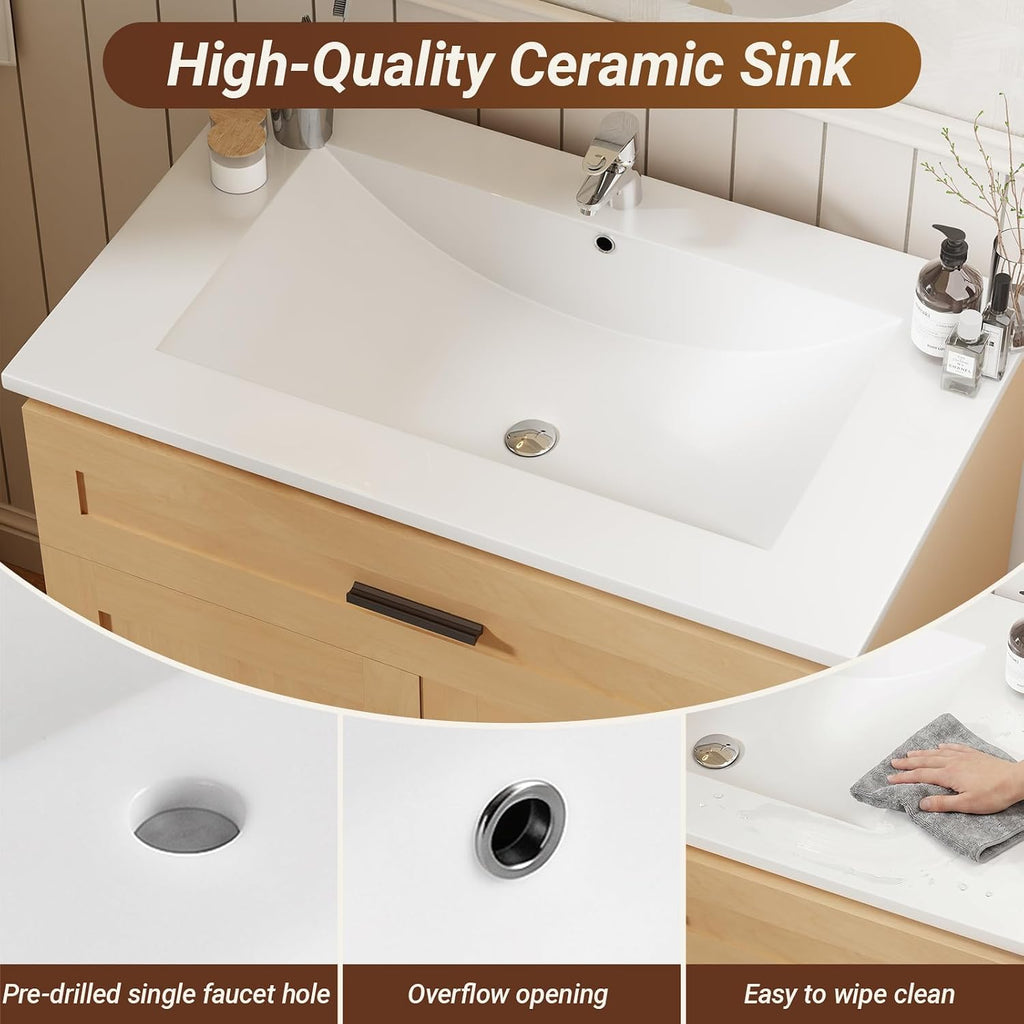 24 Inch Bathroom Vanity with Sink, Modern Storage Cabinet, Contains White Sink and Soft-Closing Door, Spacious Bathroom Storage Space (Nature with Sink, 24 Inch)