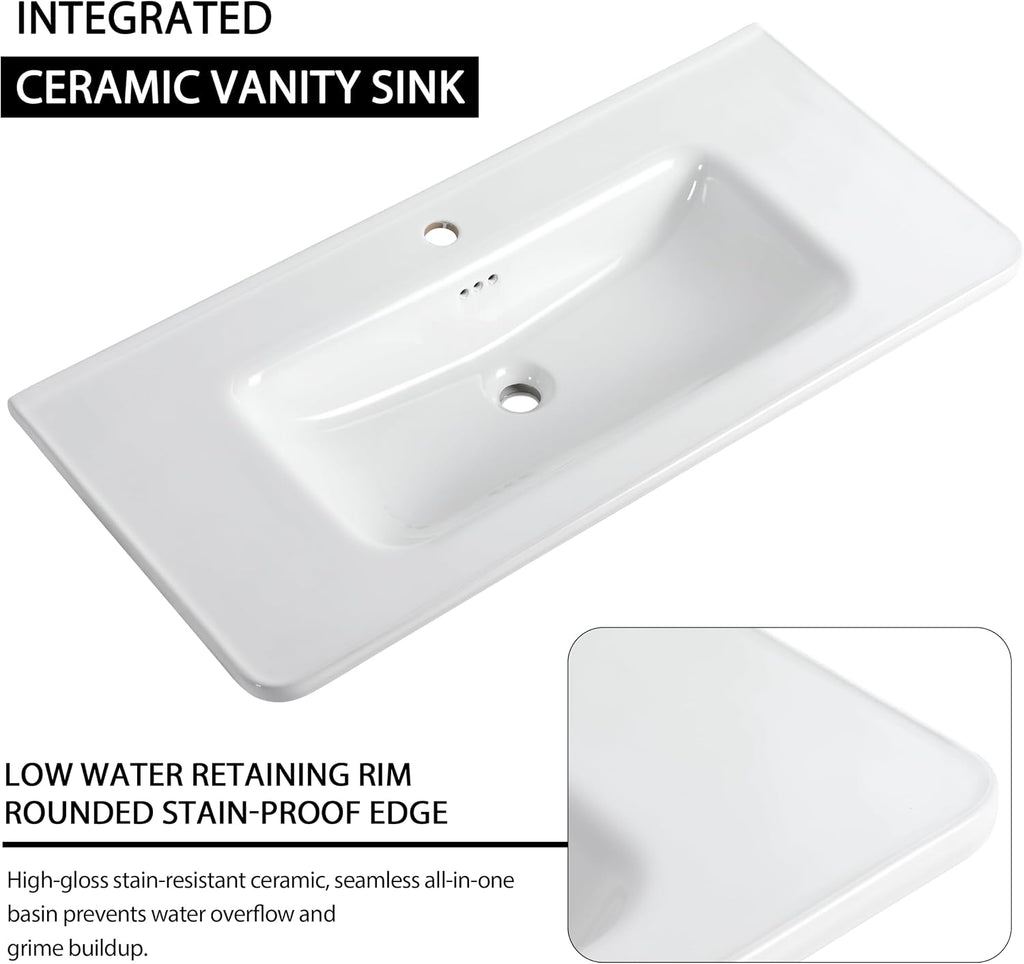 40' Bathroom Vanity with Sink, 40 Inch FreeStanding Vanity, Single Sink Floor Stand Vanity Combo, Modern Brown Bathroom Vanity Set with 2 Soft-Close Door and White Basin Sink