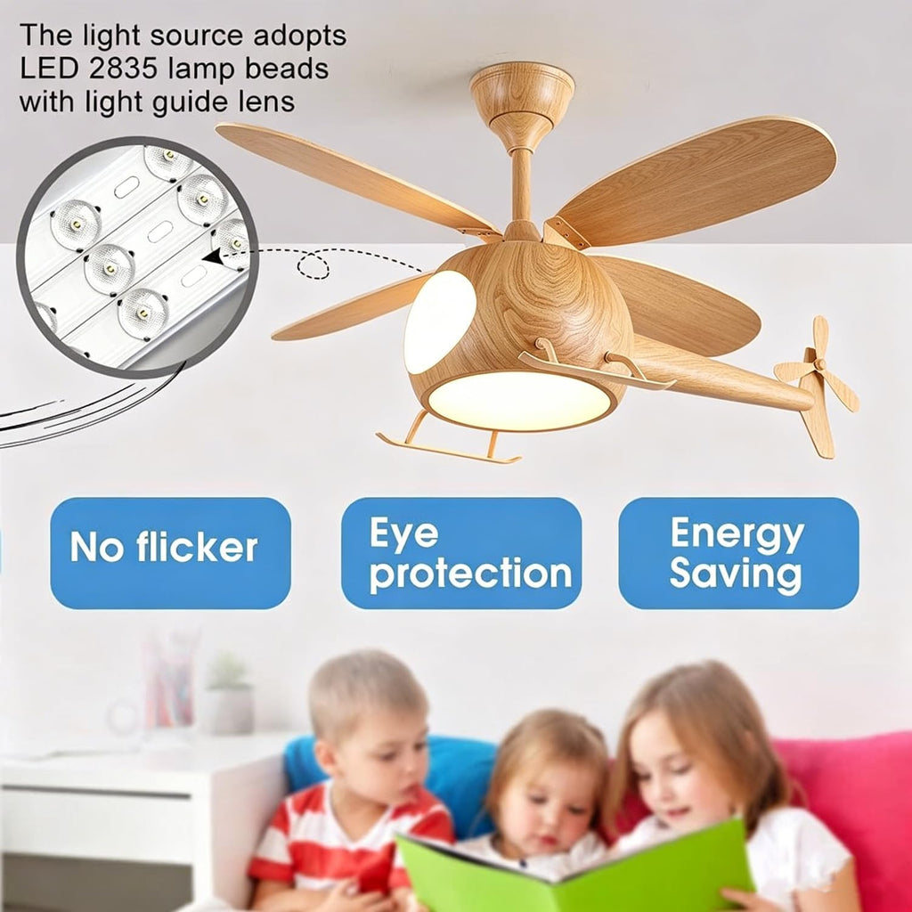 Children's Bedroom Ceiling Fan With Lights,Dimmable Kids Room Cartoon Ceiling Fan Lamp,Helicopter Model Wood Grain Airplane Pendant Light Decoration Fixtures,Remote Control Speed,Hydrographic Printing