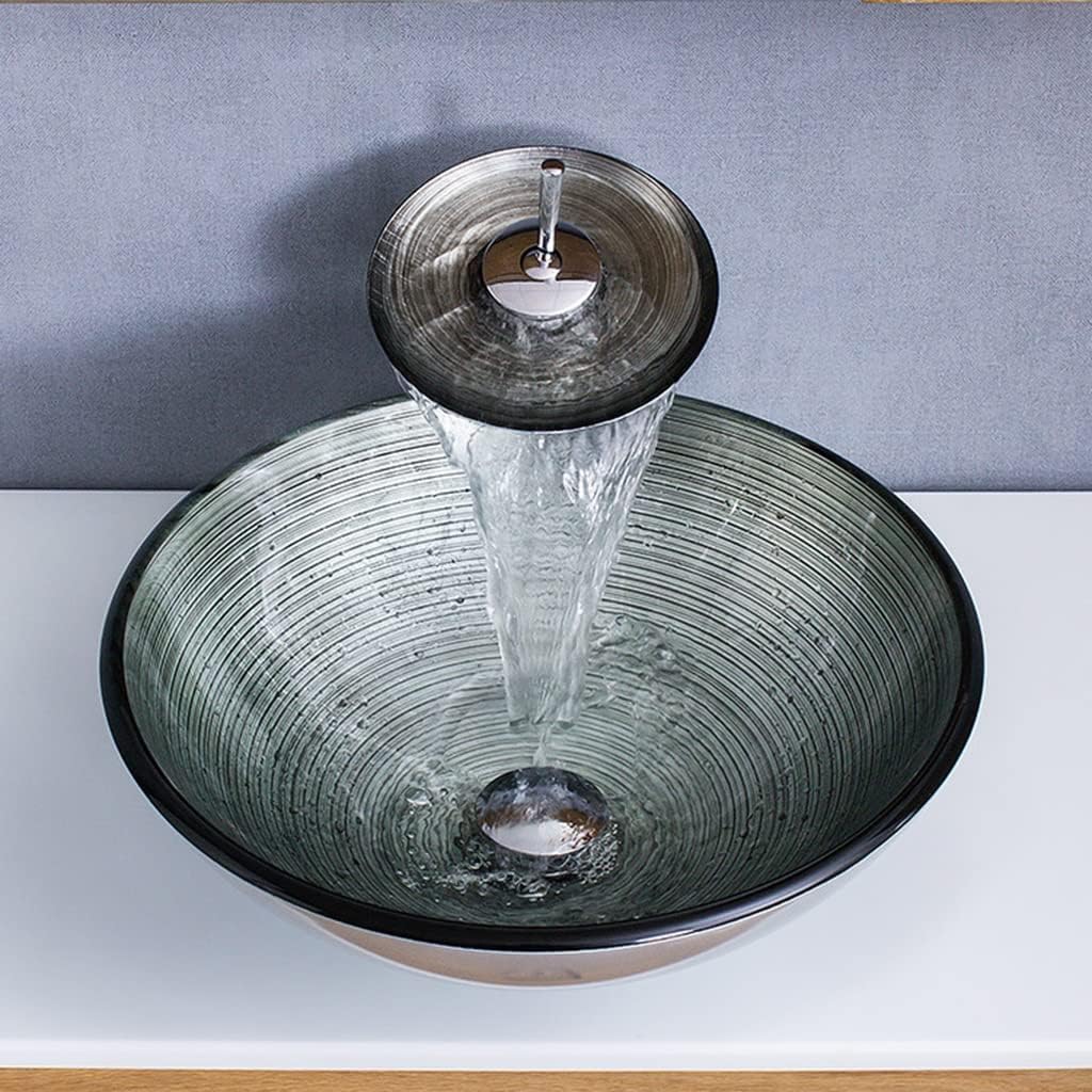 Modern Tempered Glass Vessel Bowl Sink Spiral Pattern Artistic Bathroom Vanity Sink Top Mount with Waterfall Faucet & Pop Up Drain (Color : Gray, Size : 42x42x14.5cm)