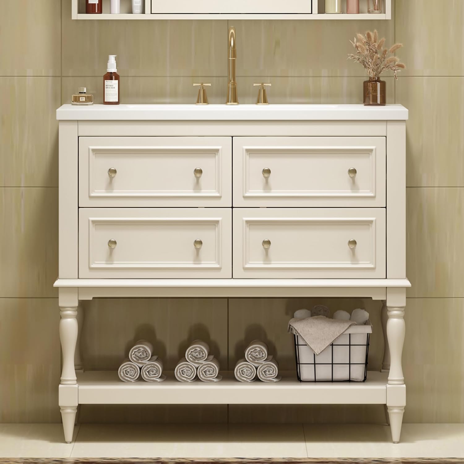 Merax Country 36' Bathroom Vanity with Sink, Farmhouse Bathroom Vanity Storage Cabinet with 4 Drawers and Open Shelf, Solid Wood Frame Bath Storage Vanity