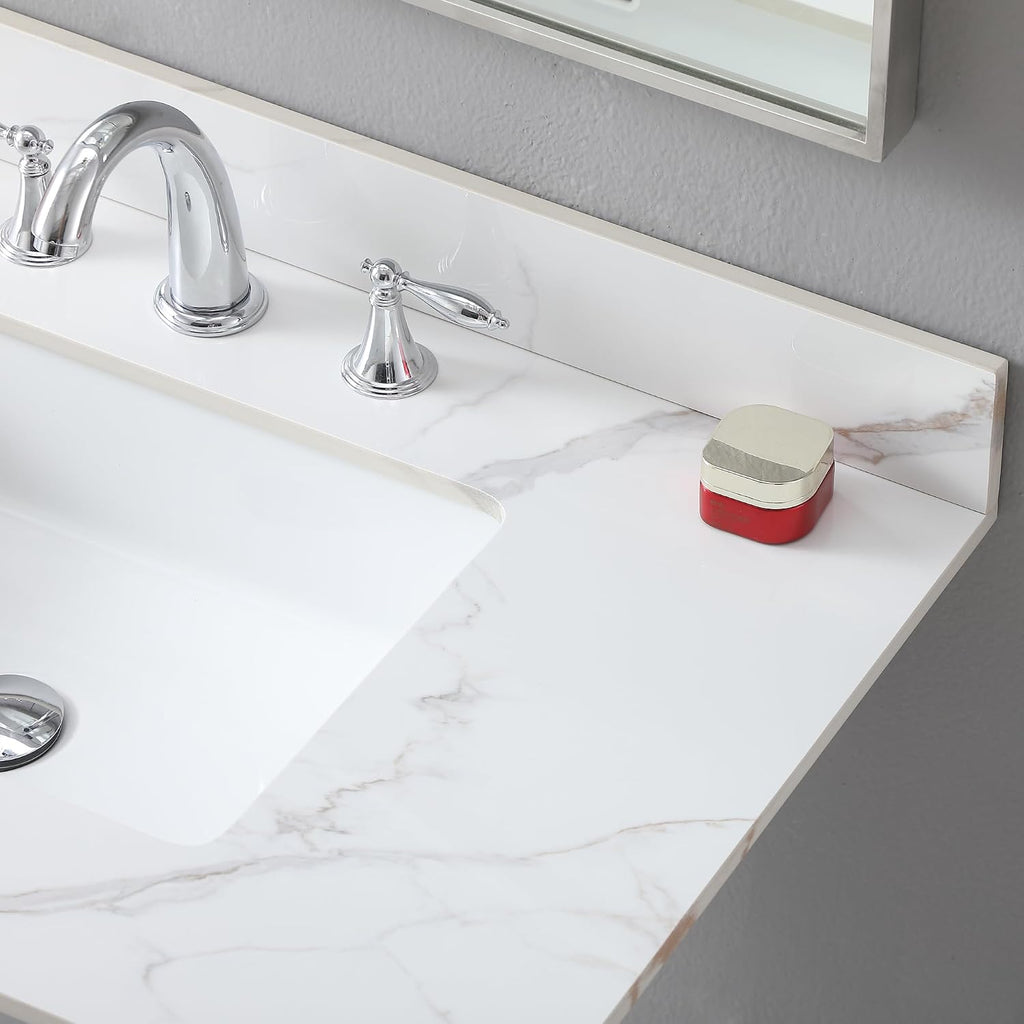 37 x 22 Inch Bathroom Vanity Top, Sintered Stone Top with Ceramic Sink, Three Hole Vanity Top With Undermount Rectangular Sink and 1 Backsplash (Carrara Gold, 3 Hole)