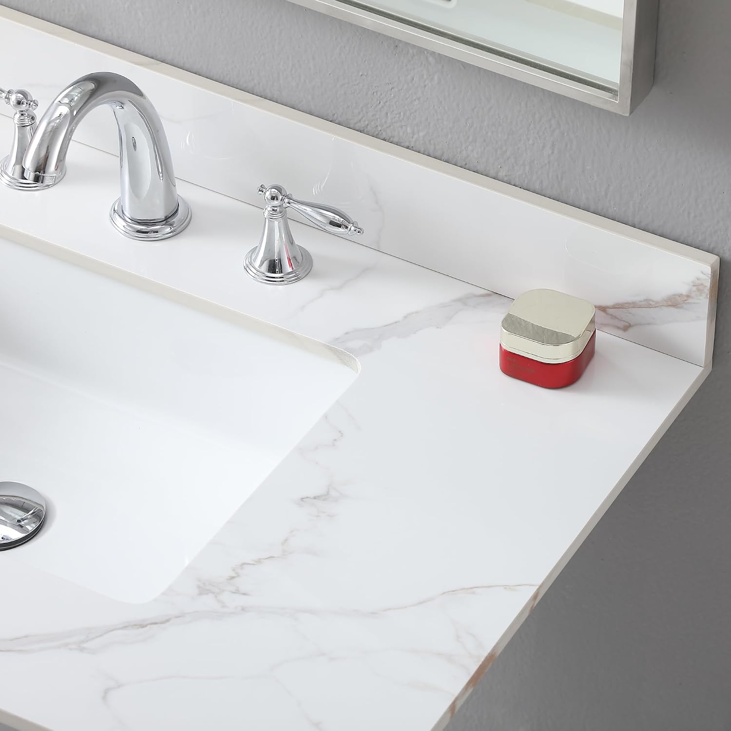 37 x 22 Inch Bathroom Vanity Top, Sintered Stone Top with Ceramic Sink, Three Hole Vanity Top With Undermount Rectangular Sink and 1 Backsplash (Carrara Gold, 3 Hole)