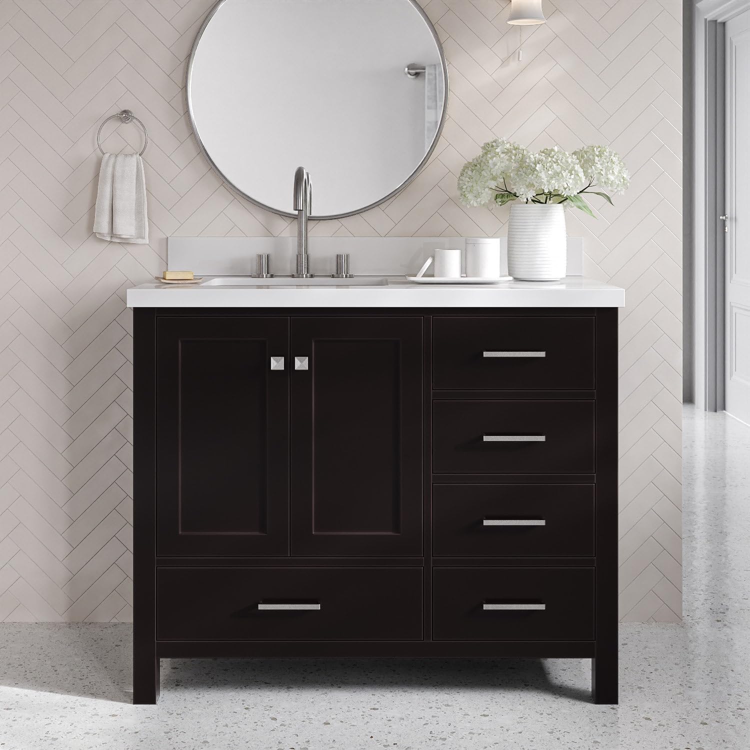 DKB Beckford 42-Inch Espresso Bathroom Vanity with Sink, Solid Wood Frame, Pure White Quartz Countertop 1.5' Edge, Left Rectangular Undermount Sink, 2 Soft Closing Doors, 5 Full Extension Drawers
