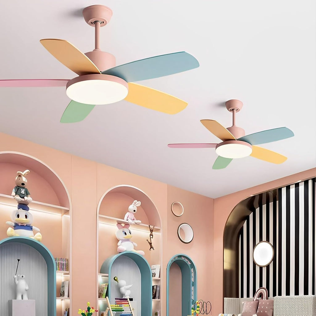 Kids Quiet Ceiling Fan with Light 48in Colorful Remote Fan Ceiling with Light Girls Boys Room Bedroom Mute Pink Ceiling Fans 6 Gear Wind Speeds 60W LED Ceiling Light Fan Lighting
