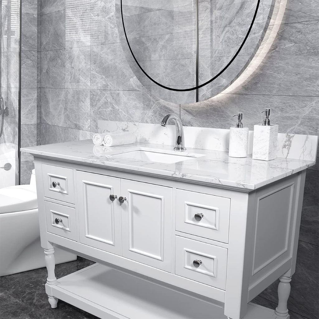 43 Inch Marble Vanity Top with Sink, Engineered Stone Vanity Sink Top with Undermount Ceramic Sink & Backsplash, Single Hole Countertops for Bathroom (Carrara White)