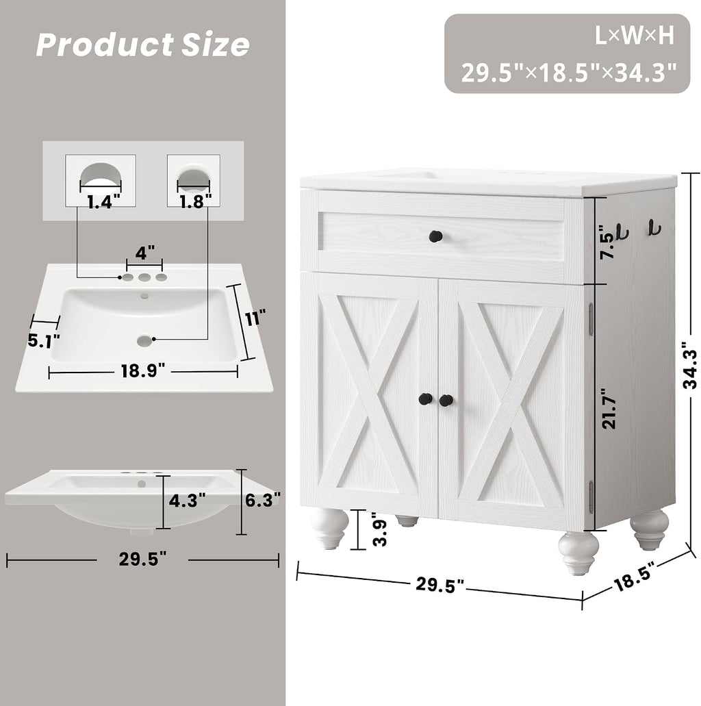 ModernMate 30 Inch Bathroom Vanity with Sink Easy-to-Install Farmhouse Bathroom Sink 2-Tier Storage Areas with Adjustable Shelves 4-Tier Storage Compartments Tip-Out Drawer 2 Hooks Solid Wood Legs