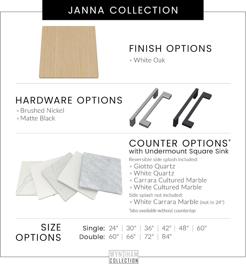 Wyndham Collection Janna 60 Inch Single Bathroom Vanity in White Oak, No Countertop, No Sink, Brushed Nickel Trim