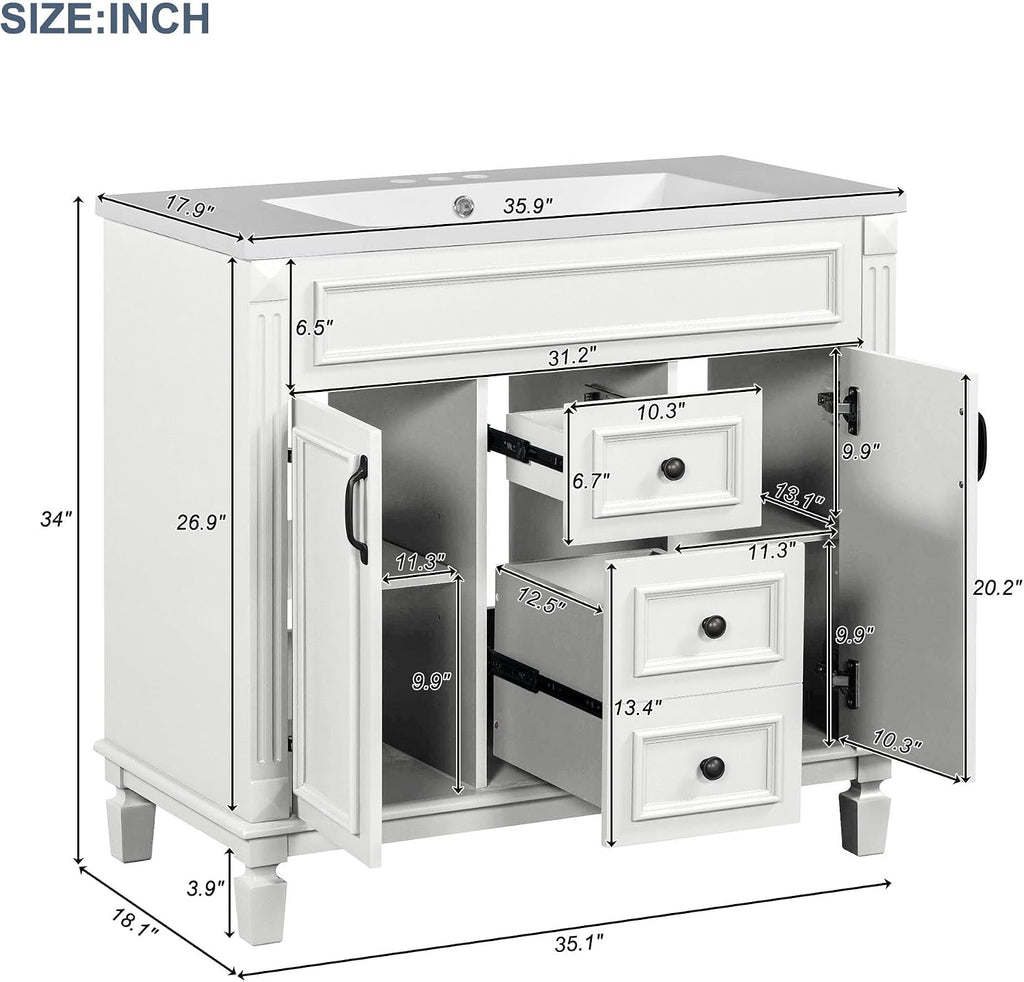 Merax 36' Bathroom Vanities with Matching Medicine Cabinet & Single Sink, Modern Undermount Bathroom Sink Cabinet with 3 Closing Doors & 2 Full Extension Dovetail Drawers