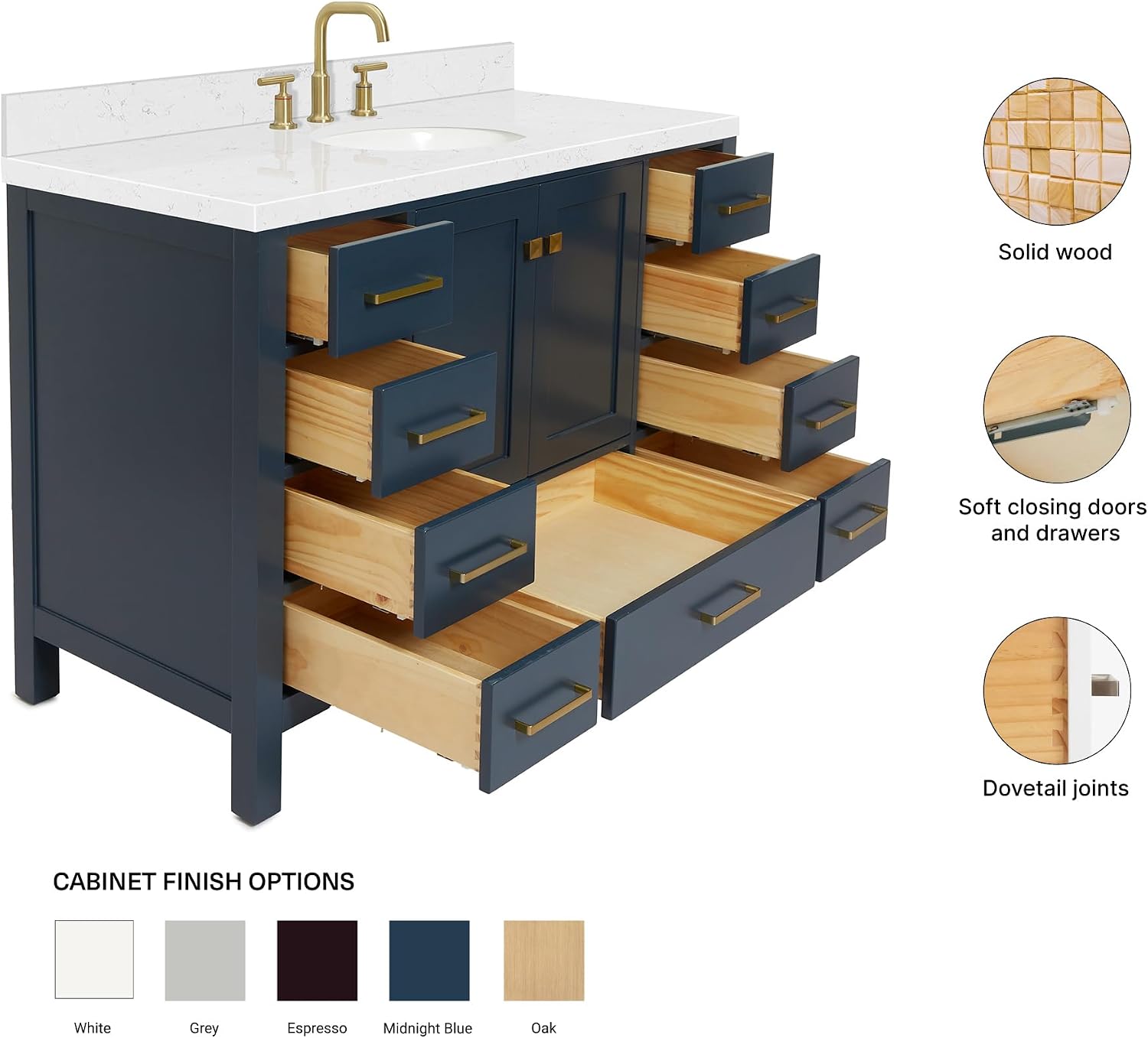 ARIEL Cambridge 48-inch Bathroom Vanity with Sink,Solid Wood, 1.5-inch Carrara White Quartz Countertop, Single Oval Porcelain Sink, 2 Soft Closing Doors, 9 Dovetail Drawers, Midnight Blue
