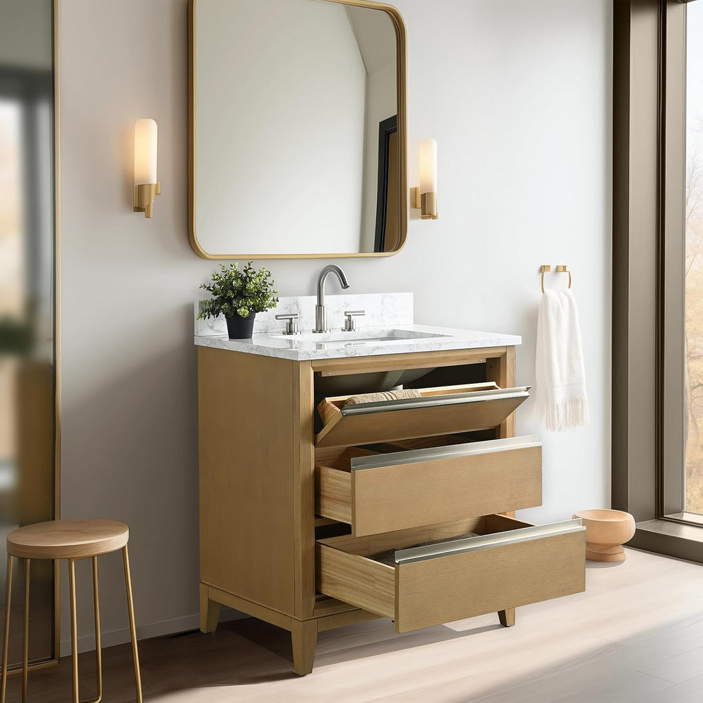 Vanity Art 30 inch Small Bathroom Vanity with Sink & Ceramic Top, Oak Vanity Cabinet with 3 Drawers, Solid Wood Frame, Ceramic Sink, Natural Oak, VA8030-NO1