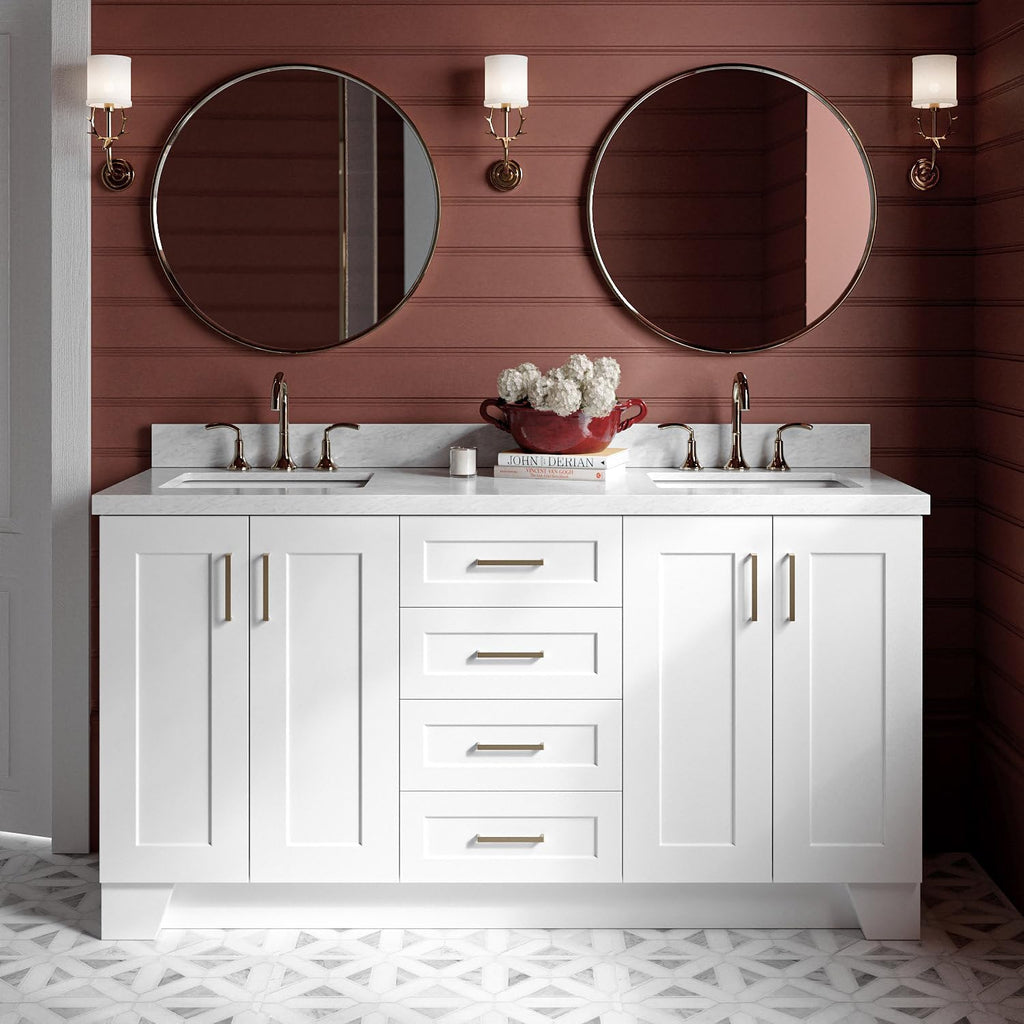 ARIEL Taylor 66-inch Bathroom Vanity with Sink,Solid Wood, 1.5-inch Italian Carrara Marble Countertop, Double Rectangular Porcelain Sink, 4 Soft Closing Doors, 5 Dovetail Drawers, White