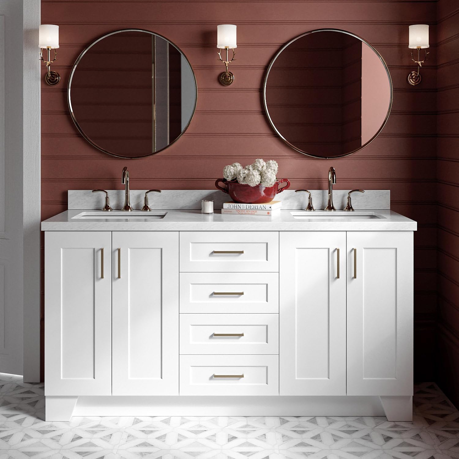 ARIEL Taylor 66-inch Bathroom Vanity with Sink,Solid Wood, 1.5-inch Italian Carrara Marble Countertop, Double Rectangular Porcelain Sink, 4 Soft Closing Doors, 5 Dovetail Drawers, White