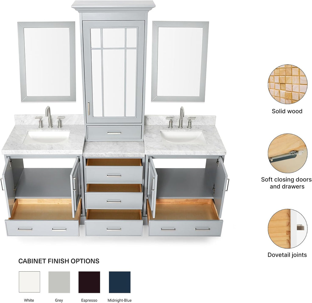 ARIEL Stafford 84-inch Bathroom Vanity with Sink,Solid Wood, 1.5-inch Italian Carrara Marble Countertop, Double Rectangular Porcelain Sink, 5 Soft Closing Doors, 6 Dovetail Drawers, Grey