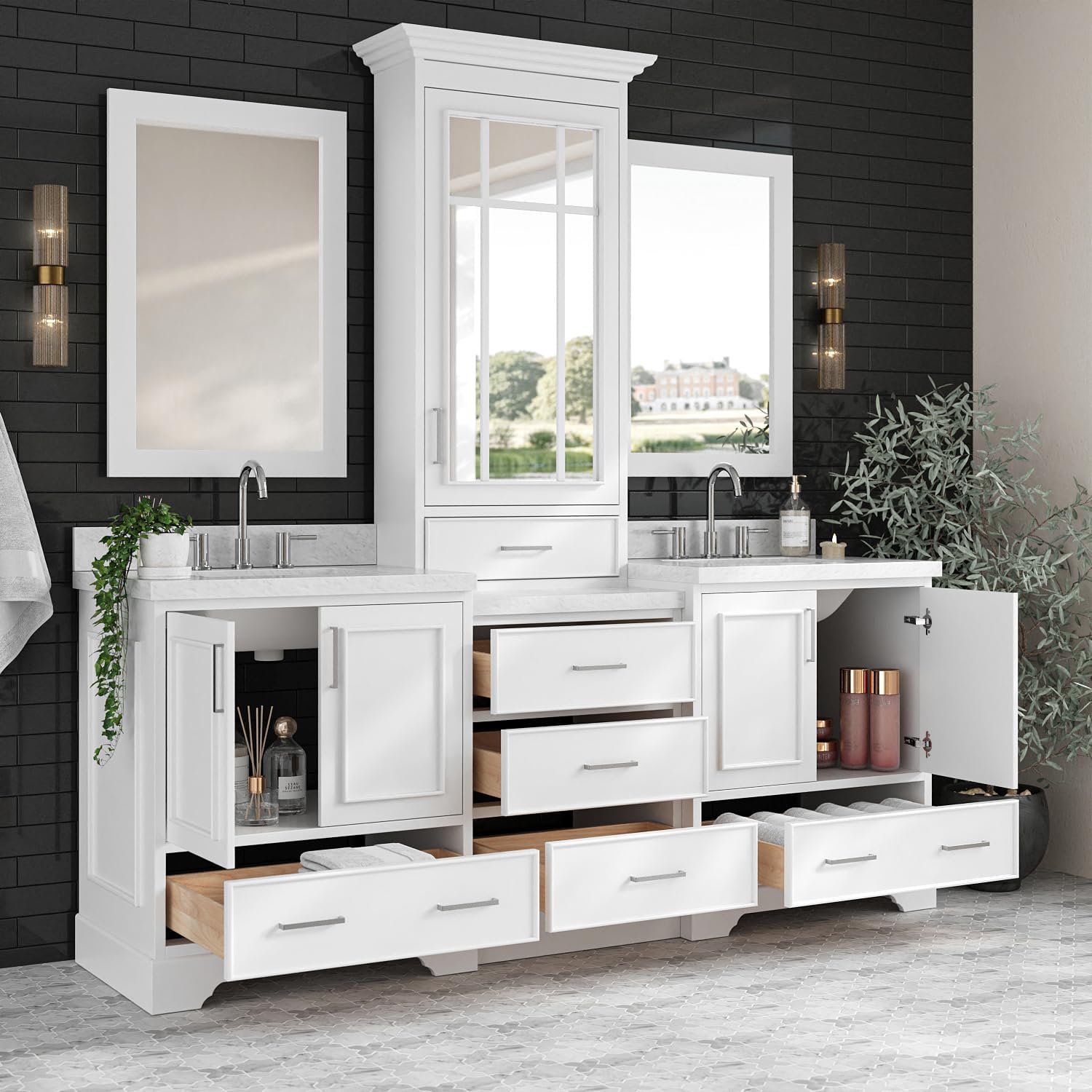 ARIEL Stafford 84-inch Bathroom Vanity with Sink,Solid Wood, 1.5-inch Italian Carrara Marble Countertop, Double Rectangular Porcelain Sink, 5 Soft Closing Doors, 6 Dovetail Drawers, White