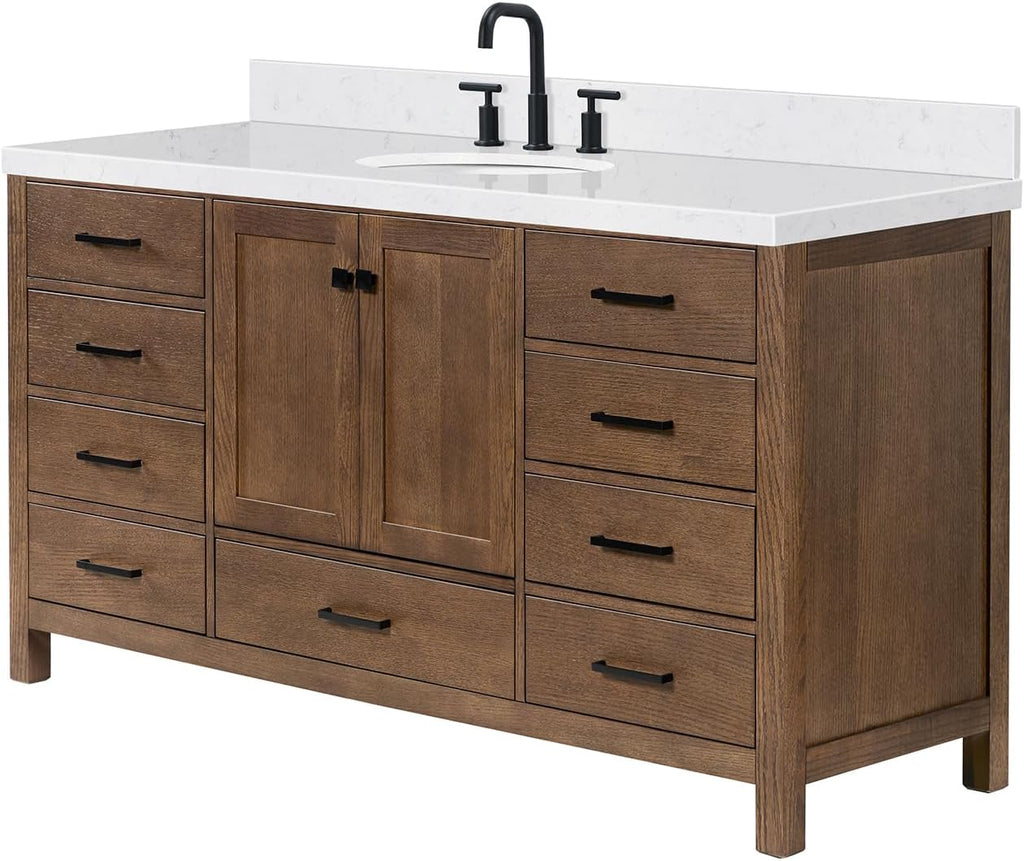 ARIEL Cambridge 66-inch Bathroom Vanity with Sink,Solid Wood, 1.5-inch Carrara White Quartz Countertop & Backsplash, Single Oval Porcelain Sink, 2 Soft Closing Doors, 9 Dovetail Drawers, Brown Oak